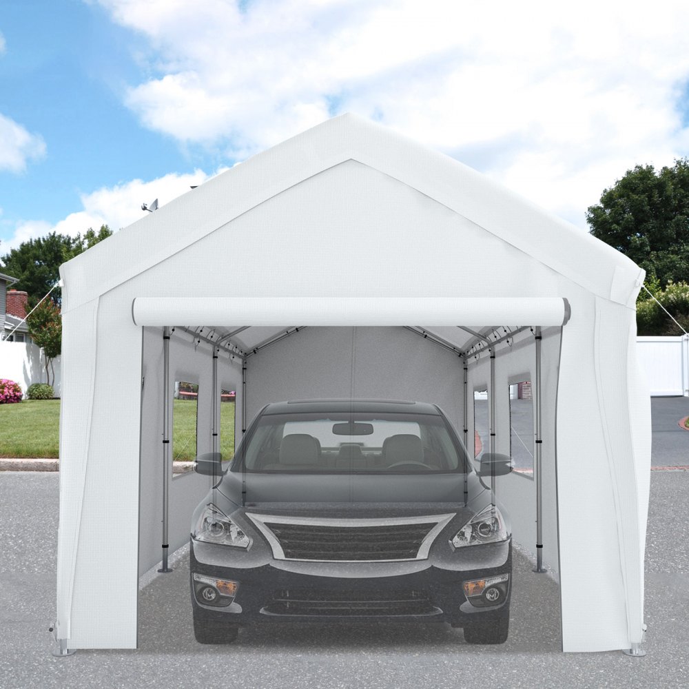 VEVOR Gazebo Bianco Tenda per Posto Auto da Esterno 8 Pali Pareti Laterali 3x6m Altezza Regolabile in Materiale PE, Coperta di Protezione per Auto Barche Veicoli con Finestre 8 Pali in Acciaio Zincato