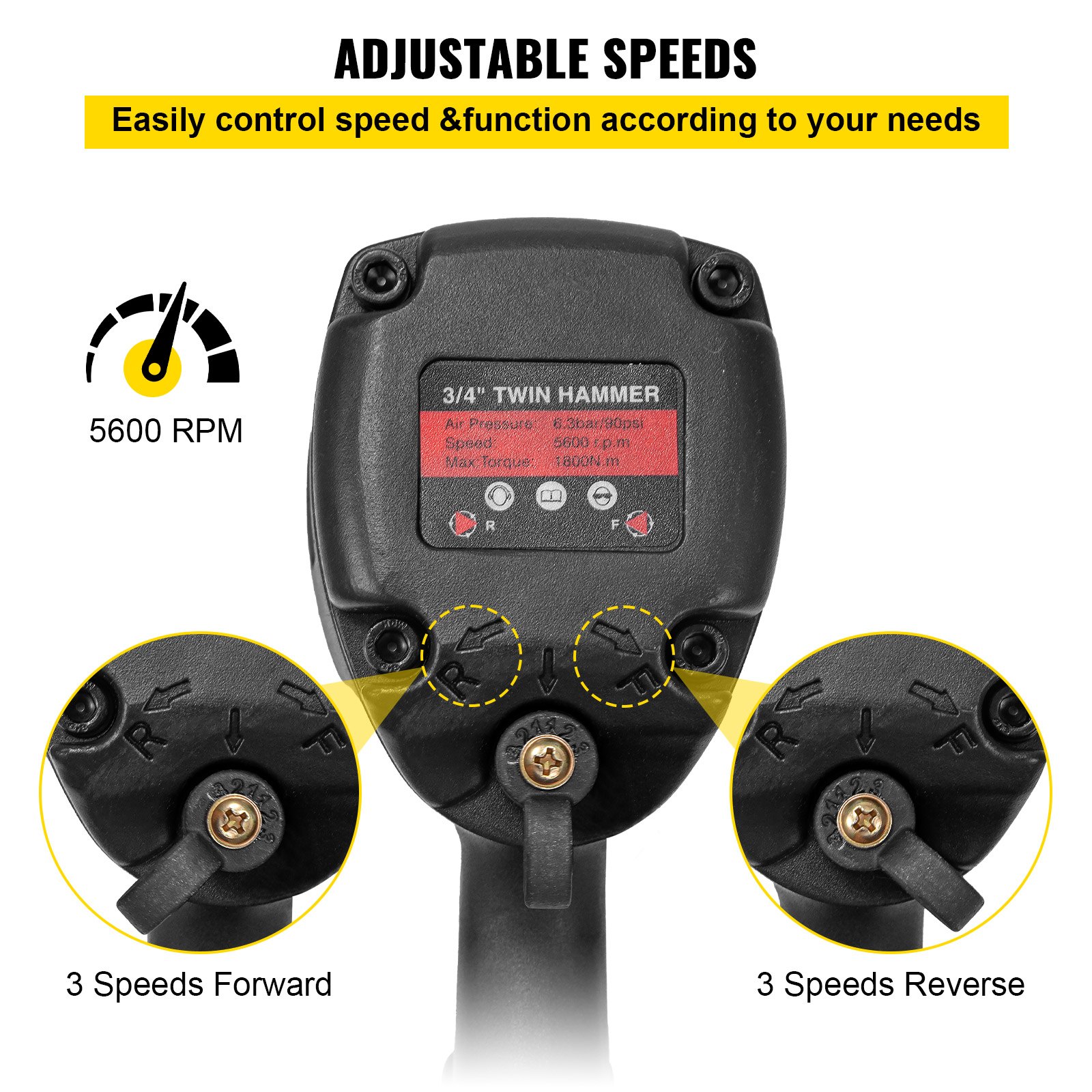 VEVOR Avvitatore a Impulsi Pneumatico, 1800Nm Trapano Avvitatore Colore Nero, Velocità 3200rpm Trapano Avvitatore a Percussione, Trapano a Percussione, per Rimozione e Installazione di Dadi per Auto