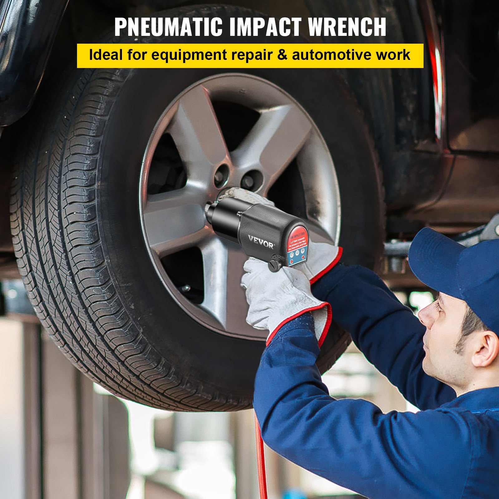 VEVOR Avvitatore a Impulsi, 487ft-lb Avvitatori a Massa Battente in Acciaio e Alluminio, Dimensioni Unità Quadrate 12,7mm Trapano Avvitatore a Percussione Nero, Velocità 7500 rpm, per Riparazione Auto