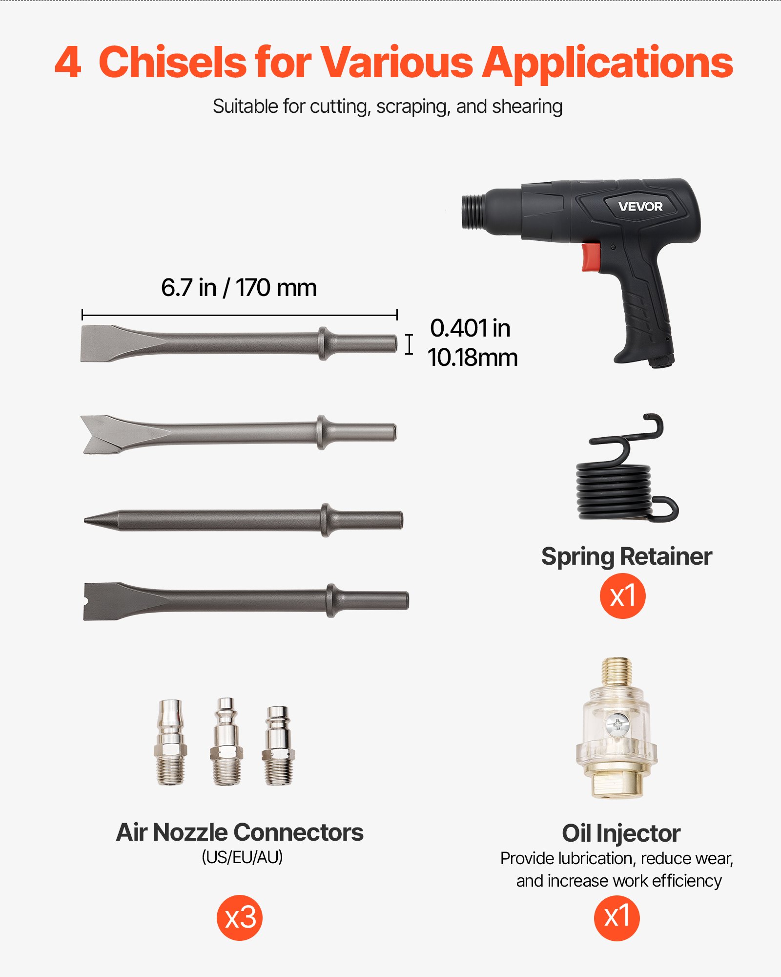VEVOR Martello Pneumatico 2500-2700 Colpi/min., Martello Scalpellatore Pneumatico Compatto, Corsa 7 cm, 4 Scalpelli da 17 cm, per Tagliare Metallo, Demolire Muri in Cemento, Scalpellare Pavimenti