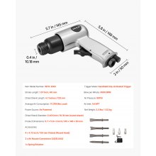 VEVOR Martello Pneumatico 4500 bpm, Scalpello Pneumatico Compatto, Lunghezza della Corsa 4 cm, con 4 Scalpelli da 12 cm, per Tagliare Metallo, Demolire Muri di Cemento, Scalpellare Pavimenti