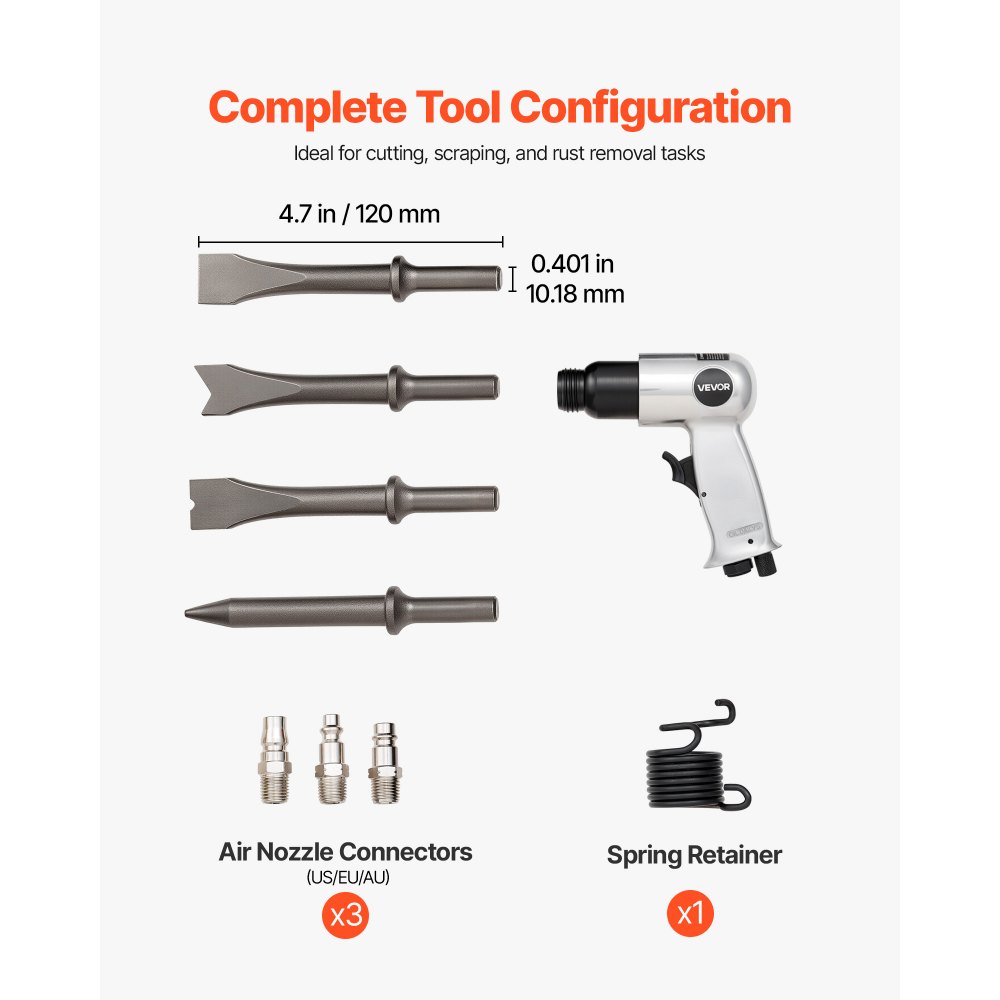 VEVOR Martello Pneumatico 4500 bpm, Scalpello Pneumatico Compatto, Corsa 4 cm, con 4 Scalpelli da 12 cm, Scrostatore ad Aghi per Tagliare Metallo, Demolire Muri di Cemento, Scalpellare Pavimenti