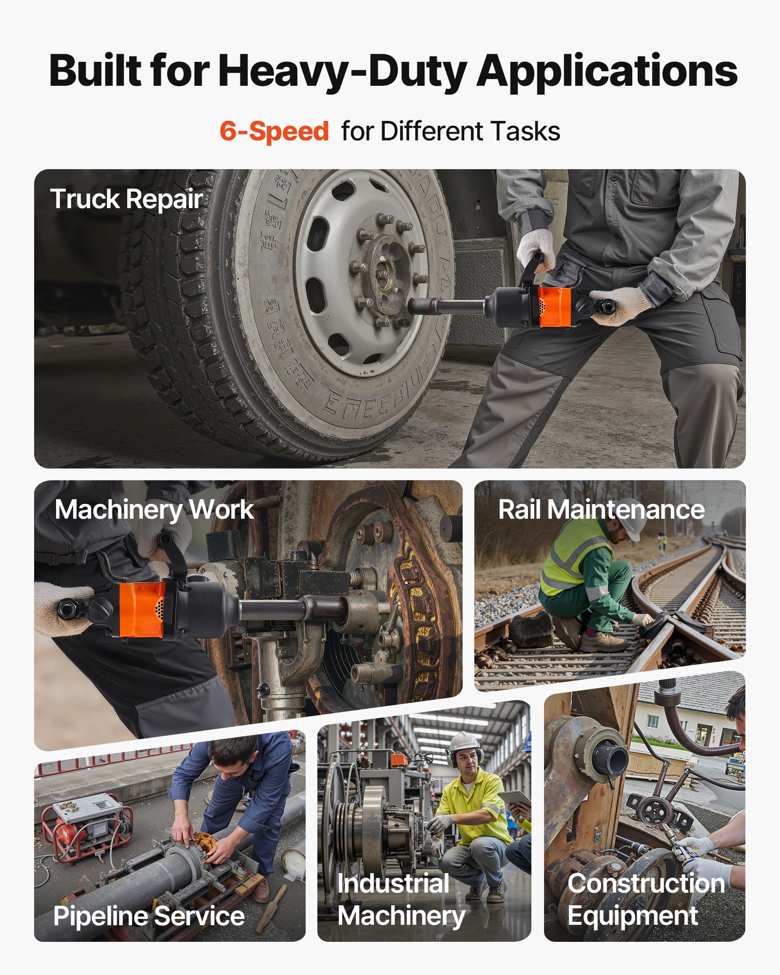 VEVOR Avvitatore Pneumatico a Impulsi da 25,4 mm, Coppia di Serraggio Dadi Fino a 2400 Nm, Chiave Pneumatica a 6 Velocità da 6000 giri/min con Incudine Estesa 152,4 mm per Camion Pesanti