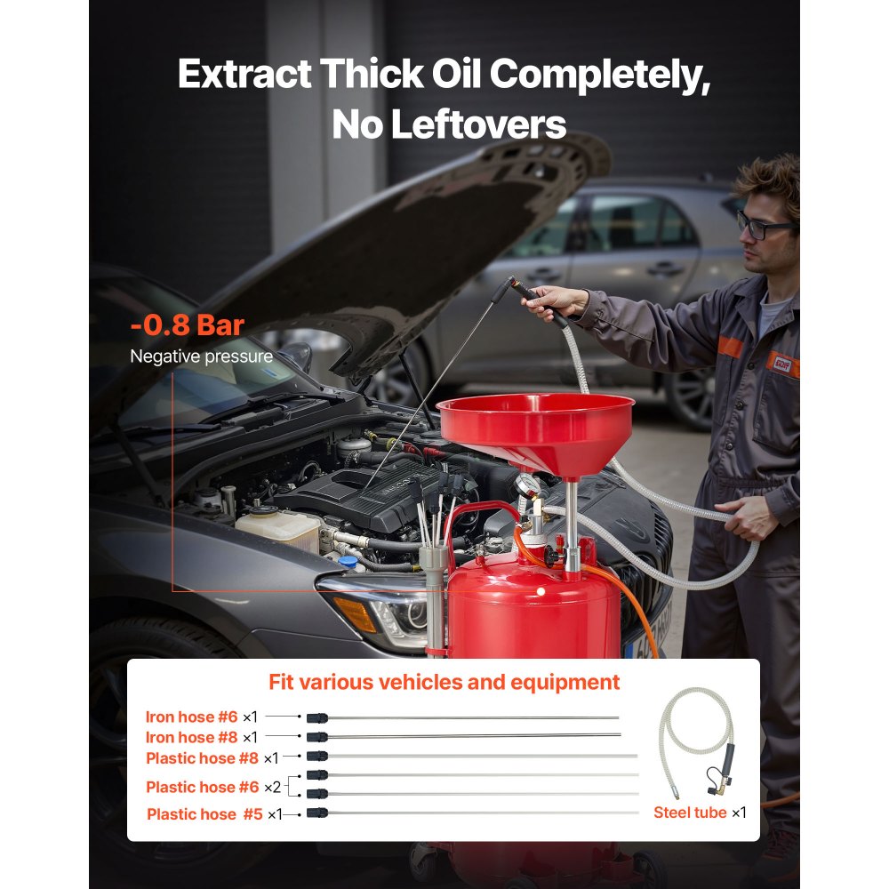 VEVOR 79.5L Waste Oil Drain Tank, Air Operated Portable Oil Drainer with Adjustable Funnel Height, Industrial Fluid Drain Tank with Wheels, Fluid Fuel Transfer Drainage for Auto Repair Shops, Red