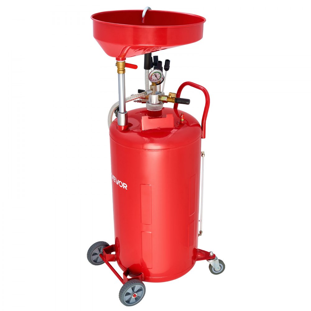 VEVOR 79.5L Waste Oil Drain Tank, Air Operated Portable Oil Drainer with Adjustable Funnel Height, Industrial Fluid Drain Tank with Wheels, Fluid Fuel Transfer Drainage for Auto Repair Shops, Red