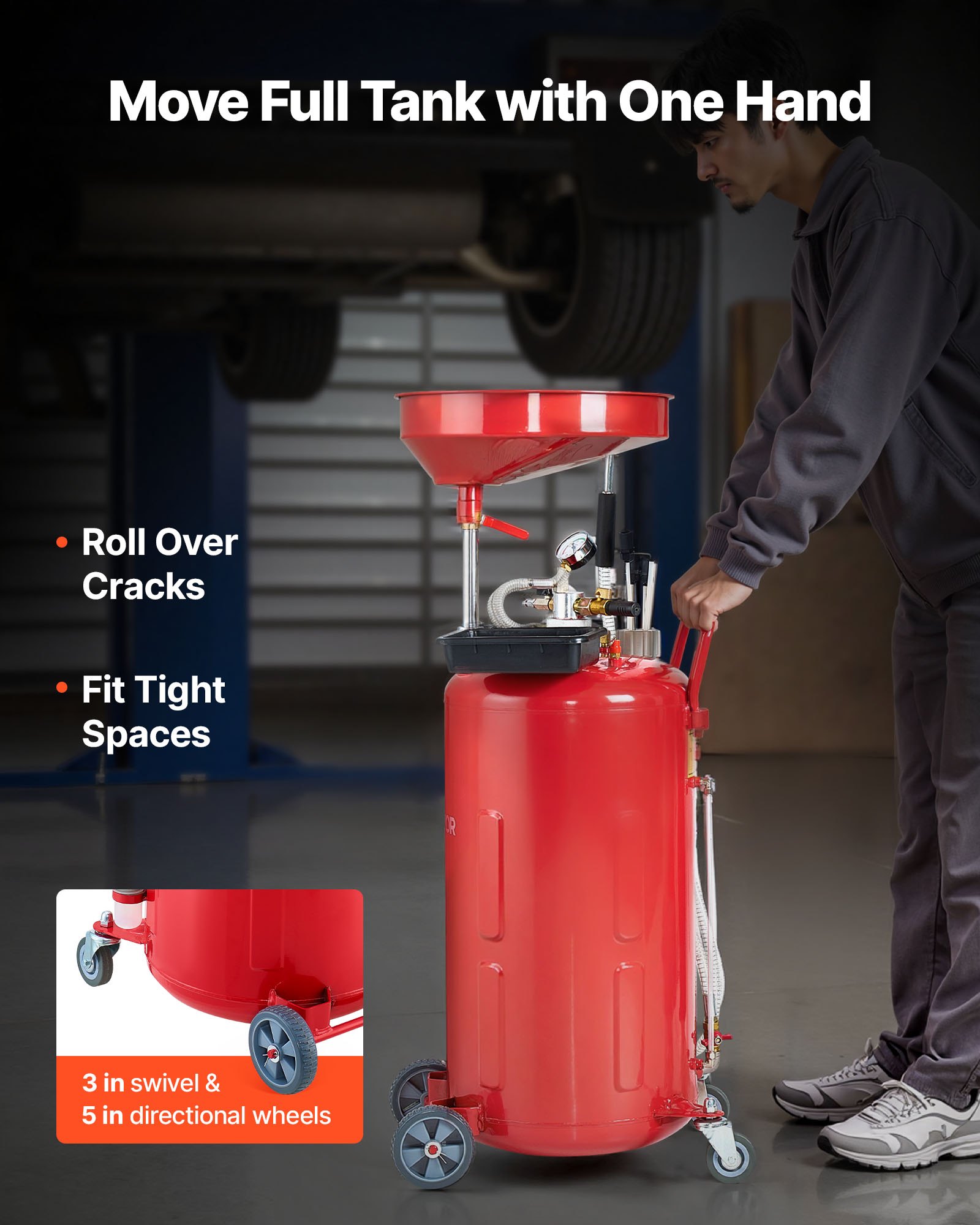 VEVOR 79.5L Waste Oil Drain Tank, Air Operated Portable Oil Drainer with Adjustable Funnel Height, Industrial Fluid Drain Tank with Wheels, Fluid Fuel Transfer Drainage for Auto Repair Shops, Red