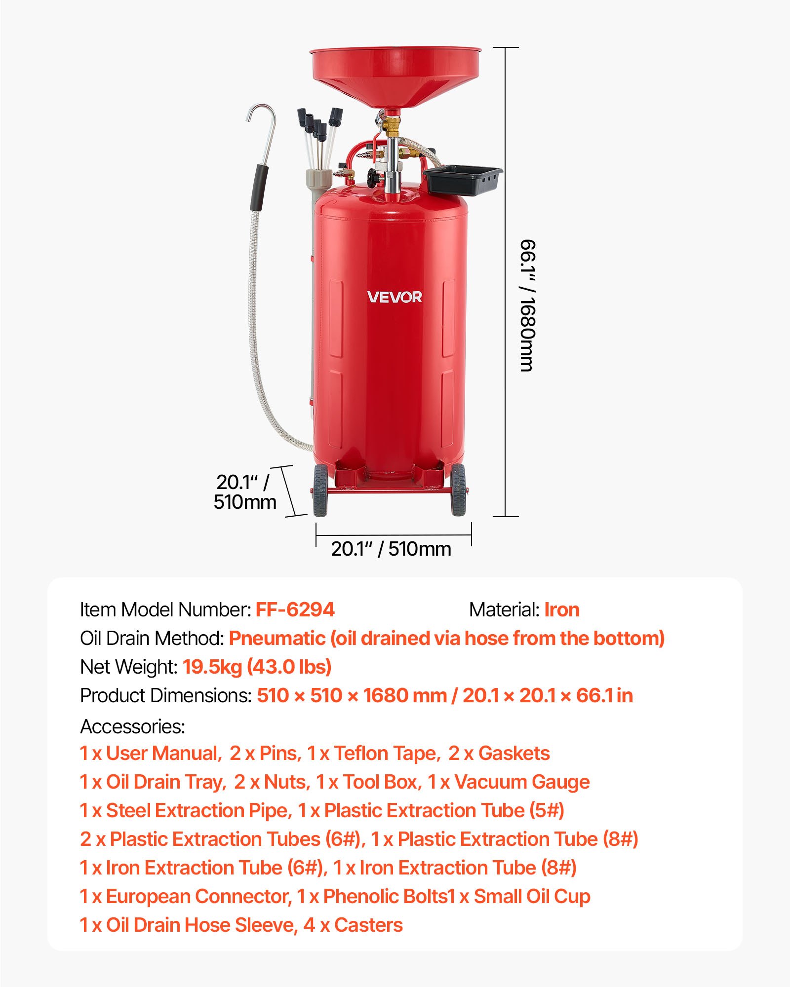 VEVOR 79.5L Waste Oil Drain Tank, Air Operated Portable Oil Drainer with Adjustable Funnel Height, Industrial Fluid Drain Tank with Wheels, Fluid Fuel Transfer Drainage for Auto Repair Shops, Red