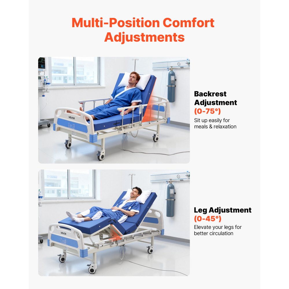 VEVOR Premium 2 Function Full Electric Hospital Bed, Electric Medical Bed with Backrest & Legrest Adjustment, 127mm Locking Casters, High-Density Foam Mattress for Home Hospital, 250kg Loading