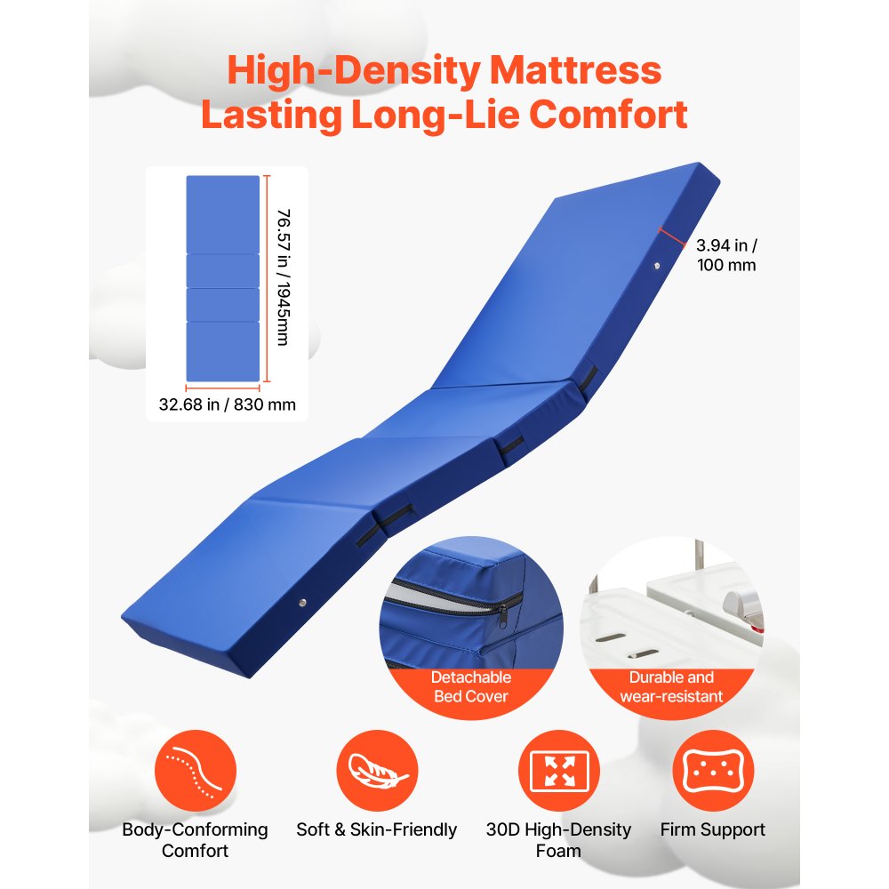 VEVOR Premium 2 Function Full Electric Hospital Bed, Electric Medical Bed with Backrest & Legrest Adjustment, 127mm Locking Casters, High-Density Foam Mattress for Home Hospital, 250kg Loading