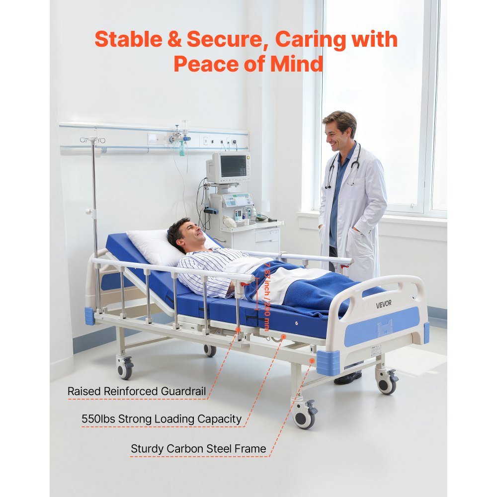 VEVOR Premium 2 Function Full Electric Hospital Bed, Electric Medical Bed with Backrest & Legrest Adjustment, 127mm Locking Casters, High-Density Foam Mattress for Home Hospital, 250kg Loading