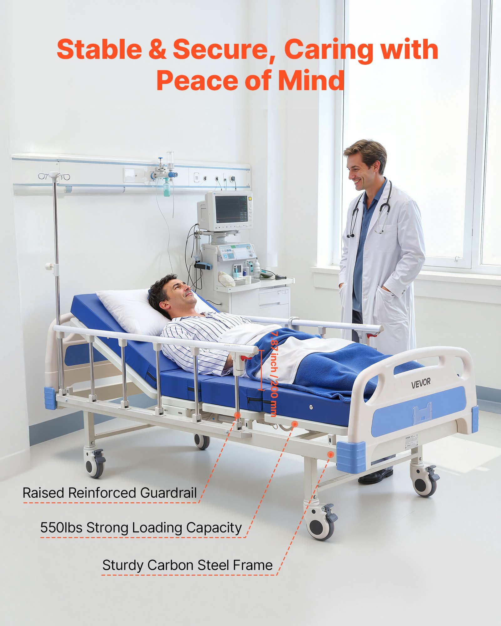 VEVOR Premium 2 Function Full Electric Hospital Bed, Electric Medical Bed with Backrest & Legrest Adjustment, 127mm Locking Casters, High-Density Foam Mattress for Home Hospital, 250kg Loading