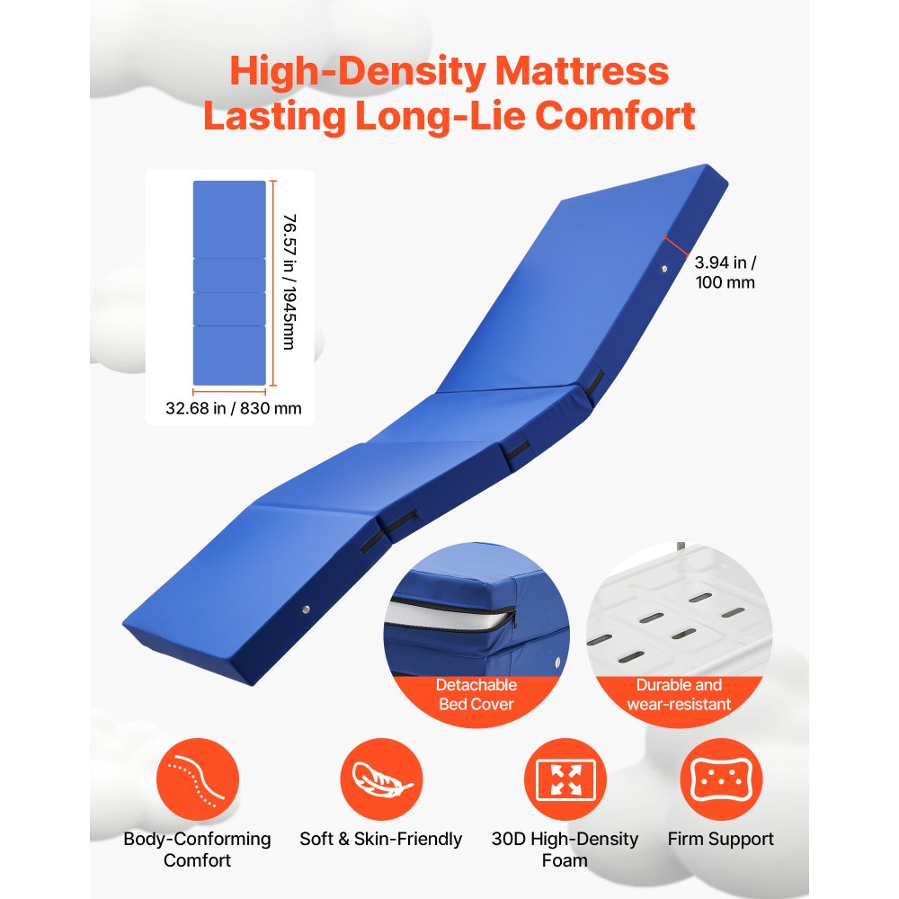 VEVOR Premium 3 Function Full Electric Hospital Bed, Electric Medical Bed with Backrest, Legrest & Height Adjustment, 127mm Locking Casters, High-Density Mattress for Home Hospital, 250kg Loading