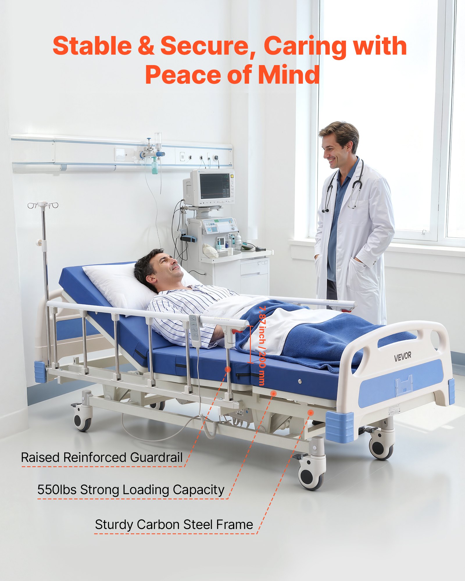 VEVOR Premium 3 Function Full Electric Hospital Bed, Electric Medical Bed with Backrest, Legrest & Height Adjustment, 127mm Locking Casters, High-Density Mattress for Home Hospital, 250kg Loading