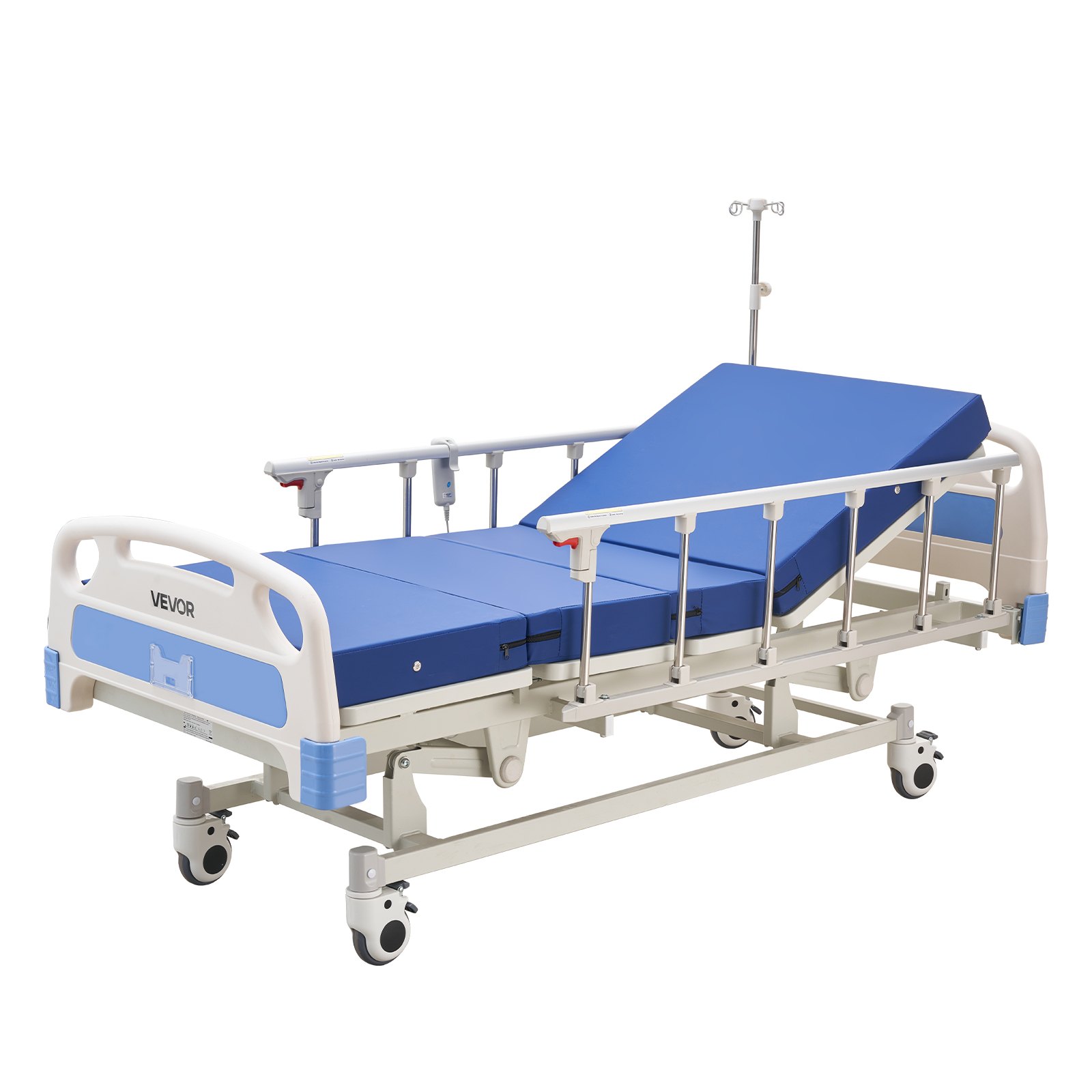 VEVOR Premium 3 Function Full Electric Hospital Bed, Electric Medical Bed with Backrest, Legrest & Height Adjustment, 127mm Locking Casters, High-Density Mattress for Home Hospital, 250kg Loading