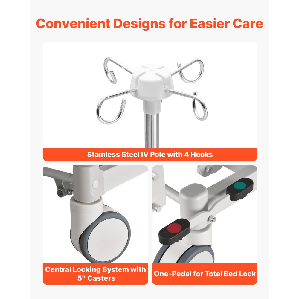 VEVOR Letto Ospedaliero Elettrico a 5 Funzioni, Letto Elettrico con Trendelenburg Sistema Chiusura Centralizzata con Ruote per Degenza Ospedale Domestico, Carico max. 250 kg Angolo Schienale 0 - 75°