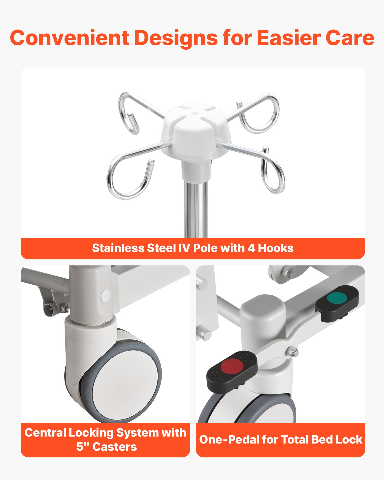 VEVOR Letto Ospedaliero Elettrico a 5 Funzioni, Letto Elettrico con Trendelenburg Sistema Chiusura Centralizzata con Ruote per Degenza Ospedale Domestico, Carico max. 250 kg Angolo Schienale 0 - 75°