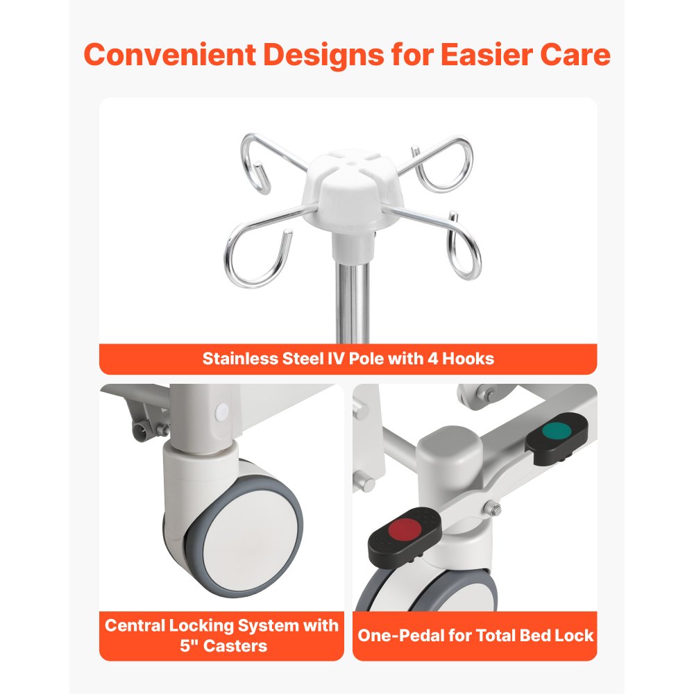 VEVOR Letto Ospedaliero Elettrico 5 Funzioni per l'Assistenza Domiciliare con Sedia Cardiaca, Funzione CPR, Letto per Degenza Posizioni Trendelenburg e Trendelenburg Inversa Ruote Bloccabili