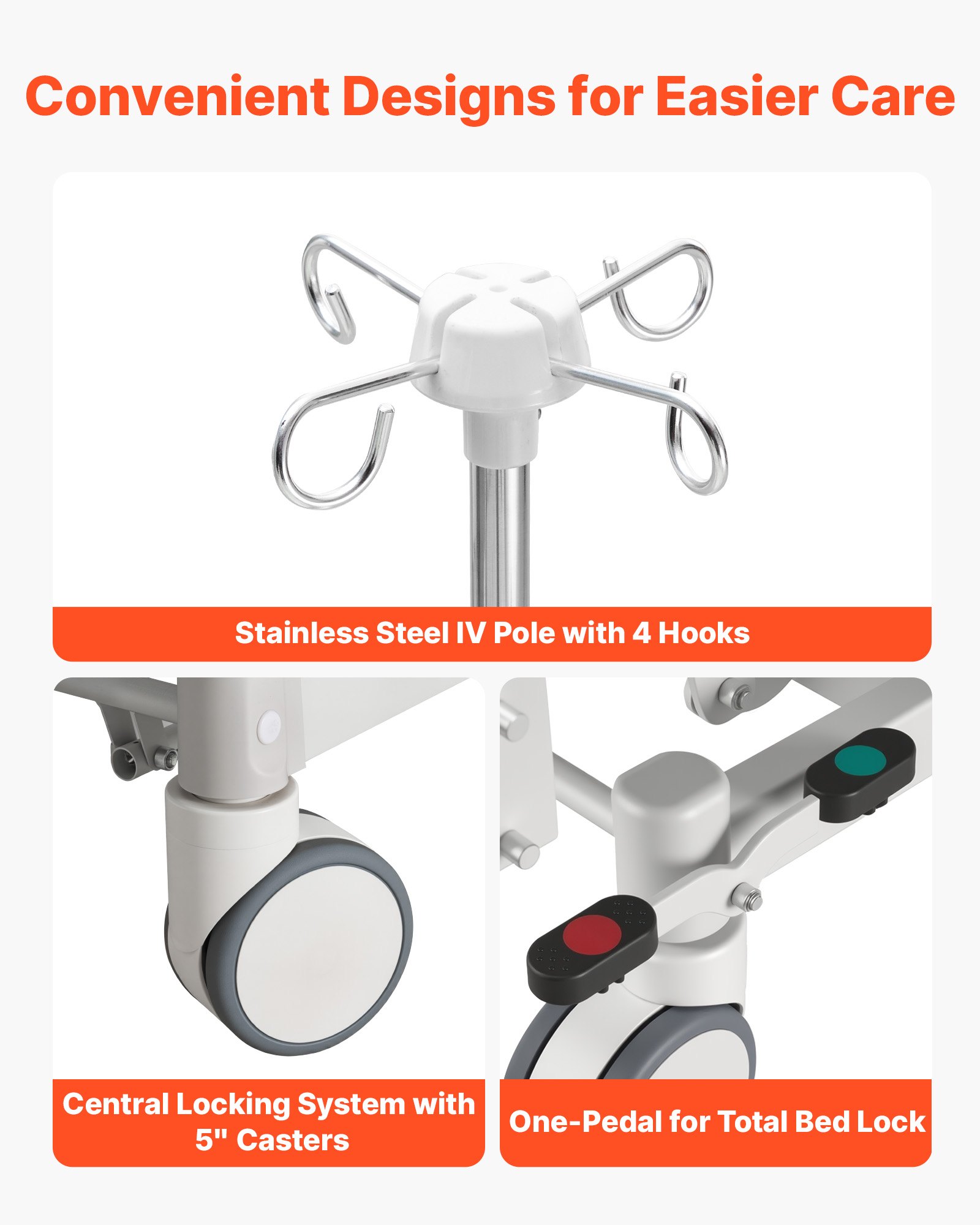 VEVOR Letto Ospedaliero Elettrico 5 Funzioni per l'Assistenza Domiciliare con Sedia Cardiaca, Funzione CPR, Letto per Degenza Posizioni Trendelenburg e Trendelenburg Inversa Ruote Bloccabili