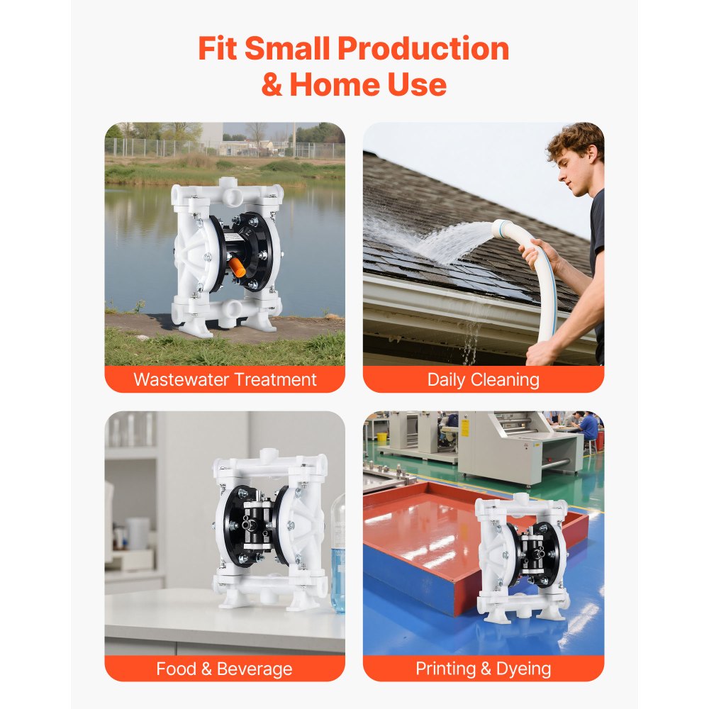 VEVOR Pompa Pneumatica a Doppia Membrana, 16,64 L/min, Altezza Massima di Sollevamento 51,82 m, Pompa di Trasferimento Pneumatica, Corpo in Polipropilene, Azionata ad Aria per Diesel, Grasso