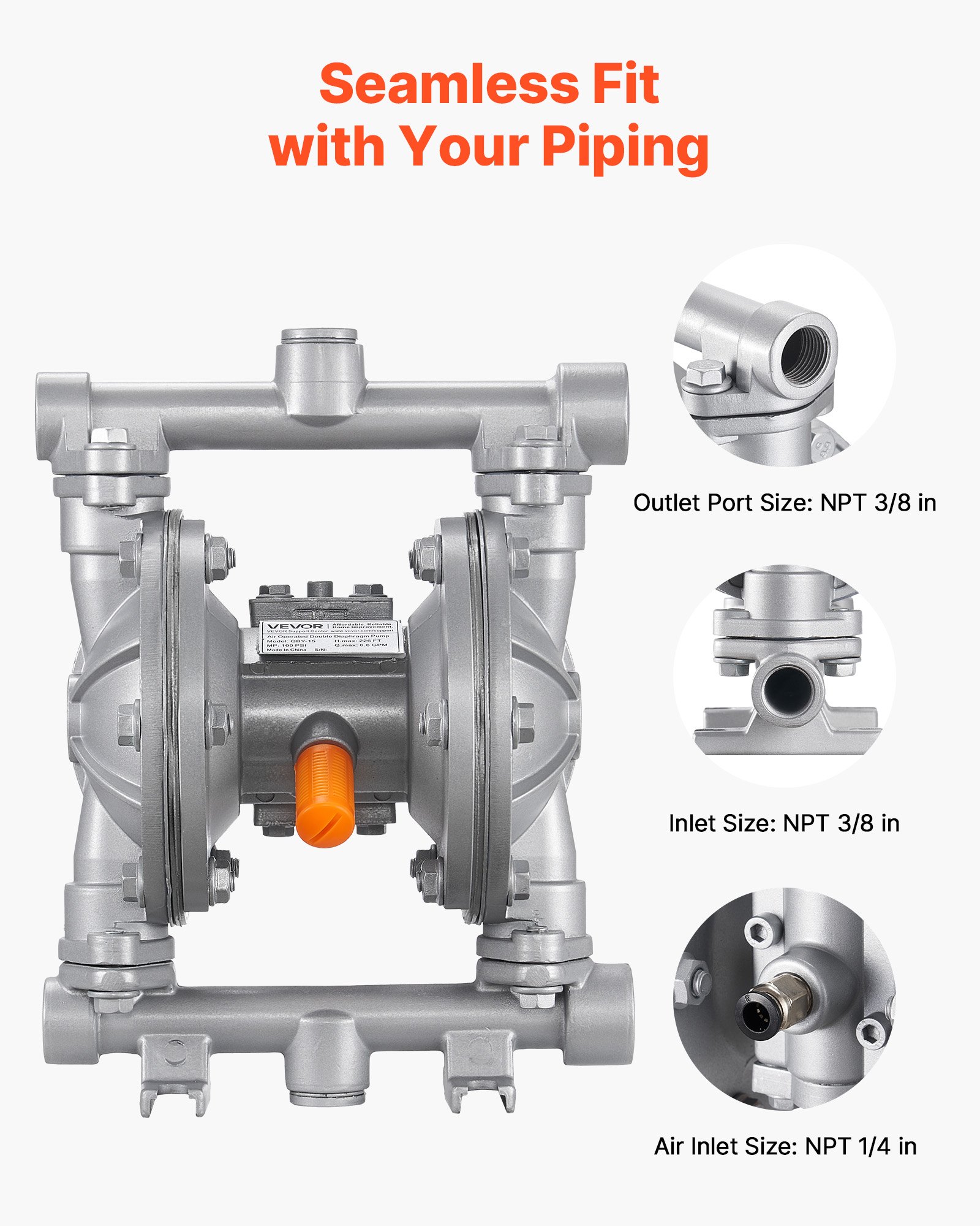 VEVOR Pompa Pneumatica a Doppia Membrana 25 L/min Prevalenza max. 68,88 m, Pompa Pneumatica per Trasferimento di Olio max. 100 PSI, Lega di Alluminio, per Gasolio, Cherosene