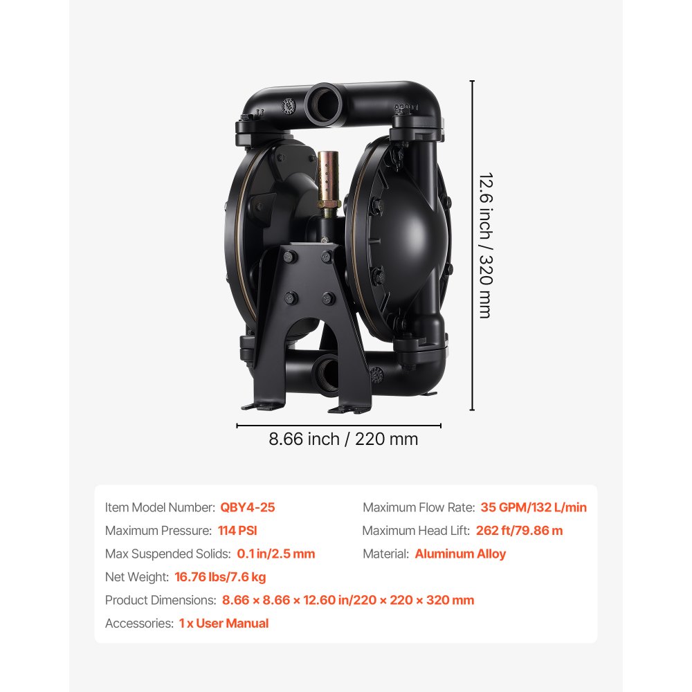 VEVOR Pompa Pneumatica a Doppia Membrana, 132 L/min, Ingresso e Uscita da 25,4 mm, Pompa di Trasferimento Pneumatica, Corpo in Lega di Alluminio, Azionata ad Aria per Diesel, Grasso