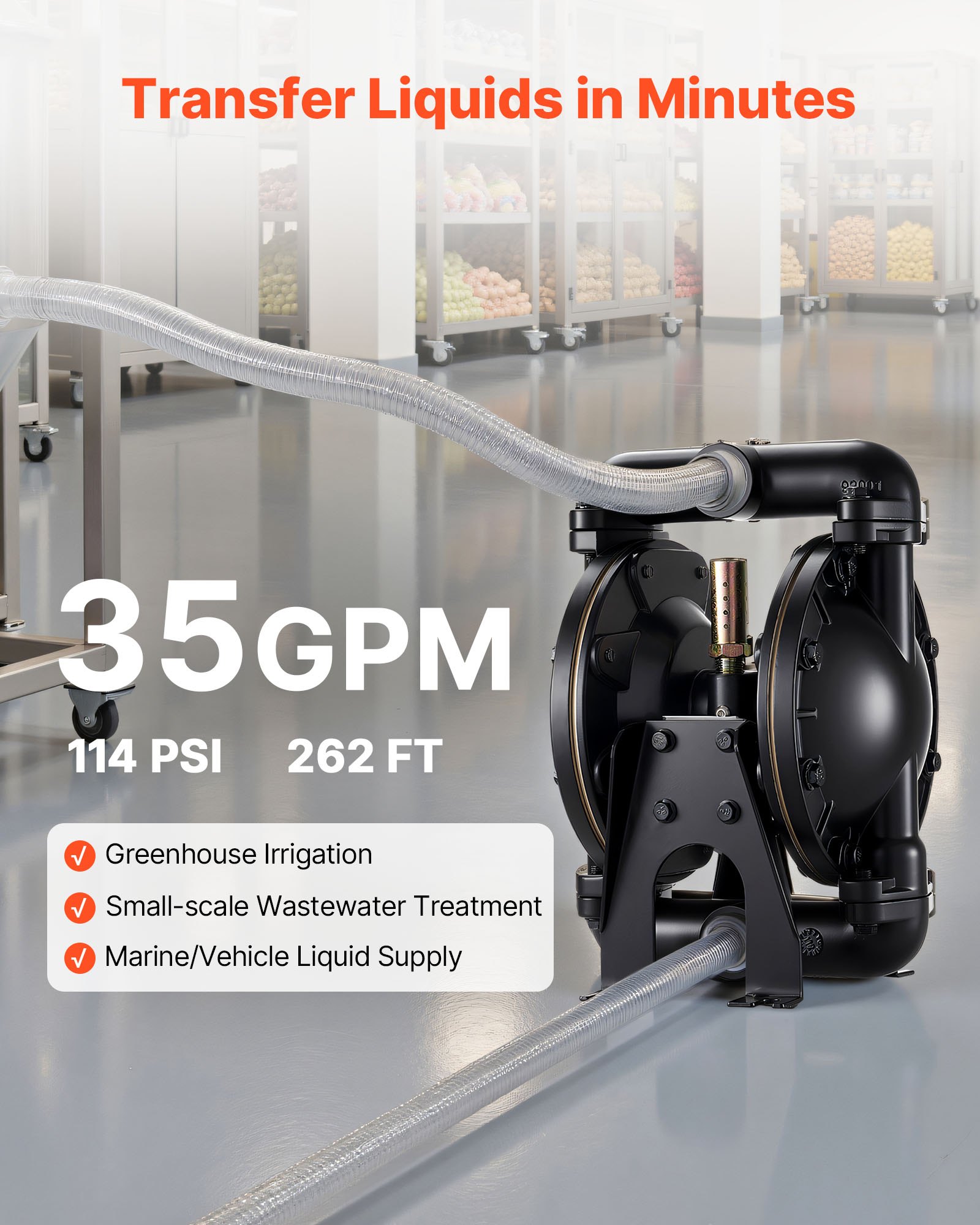 VEVOR Pompa Pneumatica a Doppia Membrana, 132 L/min, Ingresso e Uscita da 25,4 mm, Pompa di Trasferimento Pneumatica, Corpo in Lega di Alluminio, Azionata ad Aria per Diesel, Grasso