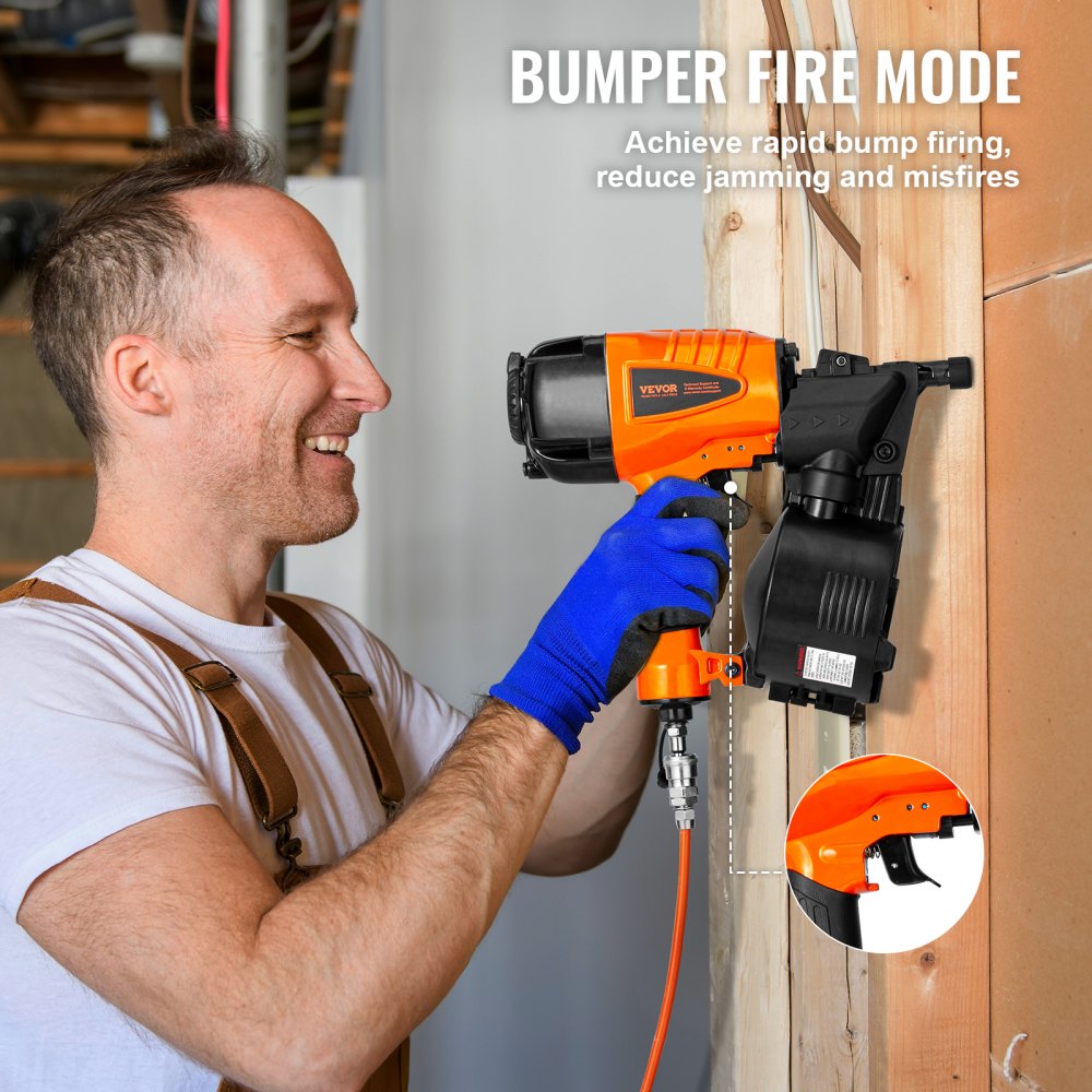 VEVOR Coil Cladding Nailer CN65, 1-1/4" to 2-1/2" 15-Degree Pneumatic Cladding Nailer with Tool-Free Depth Adjustment, 70-120 PSI Air Coil Nailer for Cladding, Pallet Cladding, Woodworking, Fencing, Decking