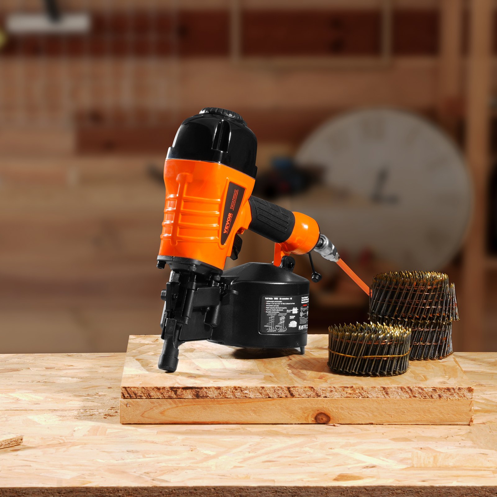 VEVOR Chiodatrice Pneumatica a Spirale 32-63 mm, Chiodatrice Pneumatica a Spirale 15° CN65, Regolazione Profondità Senza Attrezzi 70-120 PSI, Rivestimento, Copertura Pallet, Legno, Recinzione