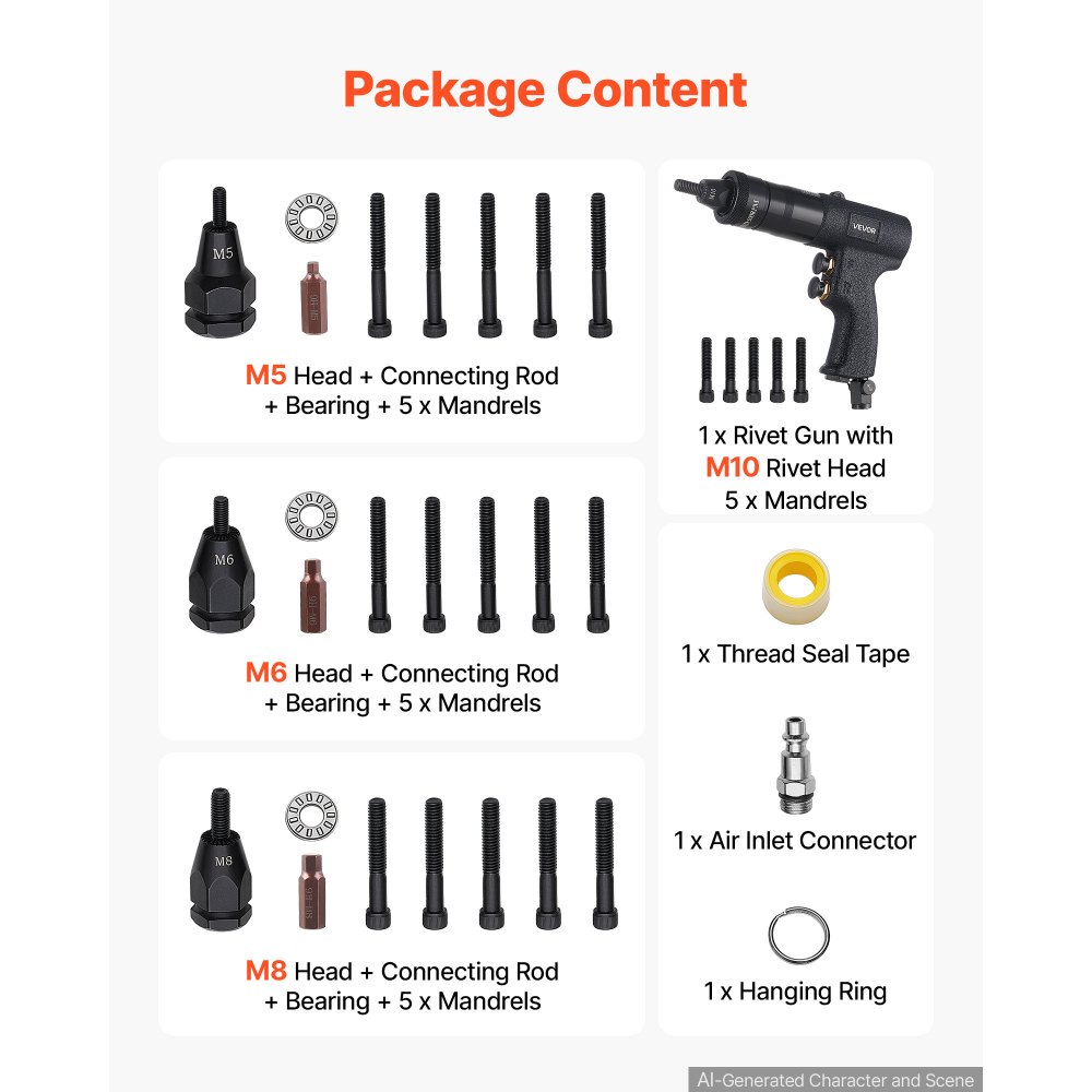 VEVOR Kit Rivettatrice Pneumatica per Inserti Filettati, 20 Pezzi Mandrini, Mandrini M5 M6 M8 M10, Forza di Trazione 1134 kg, Interruttore Avanti/Indietro, per Auto, Edilizia e Produzione Industriale