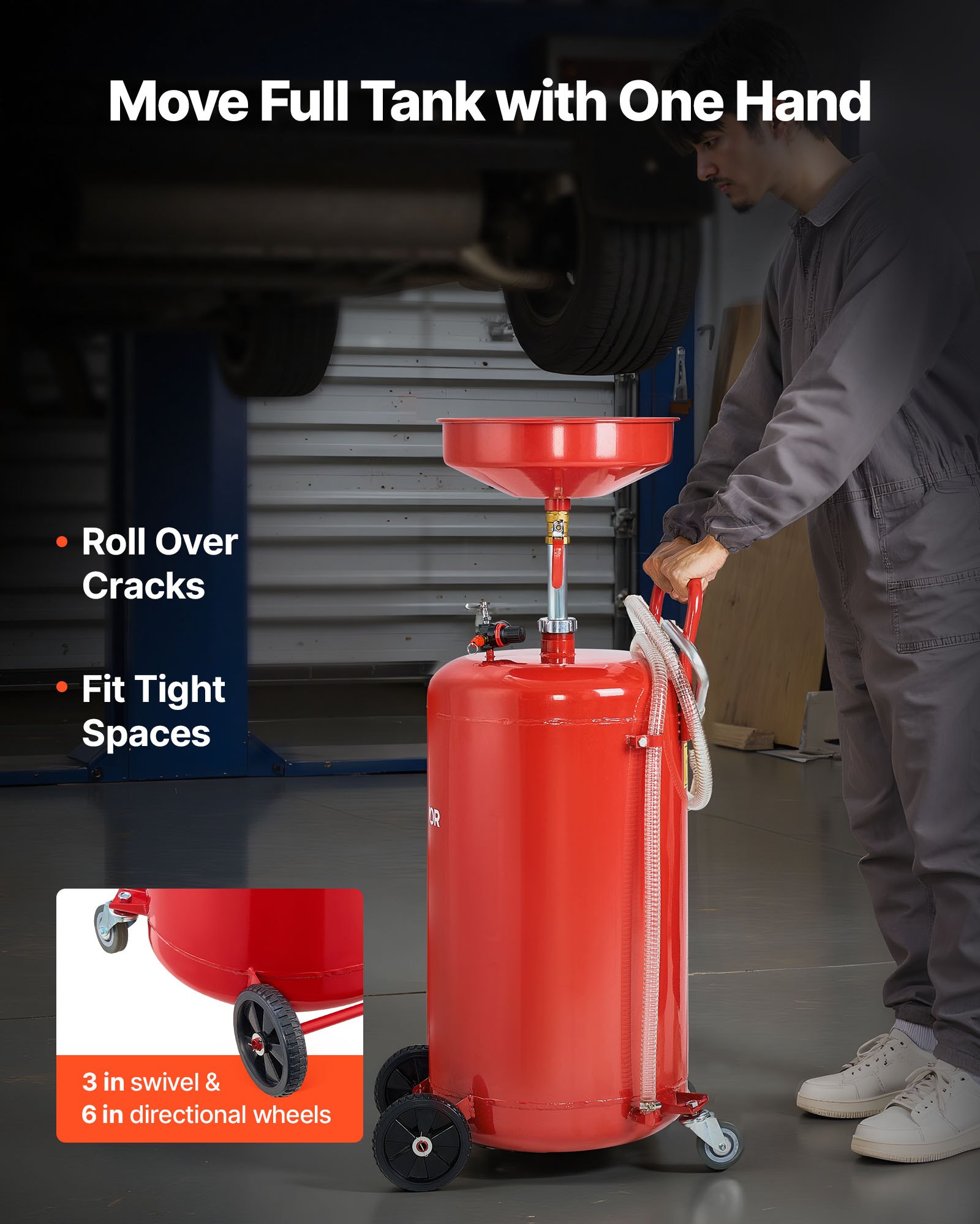 VEVOR Serbatoio di Scarico dell'Olio Esausto 95 Litri, Scaricatore Pneumatico Portatile per Olio con Imbuto Altezza Regolabile con Ruote, Drenaggio per Trasferimento Carburante per Officine