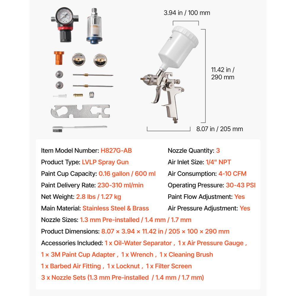 VEVOR Pistola a Spruzzo Pneumatica a Gravità LVLP 600mL con 3 Ugelli 1,3/1,4/1,7 mm, Kit di Spruzzatore ad Aria Compressa, Pistola per Verniciatura Pneumatica LVLP per Auto, Pareti