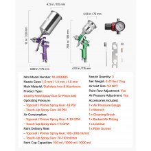 VEVOR Pistola a Spruzzo Pneumatica a Gravità 3 pezzi 3 Ugelli 1,0/1,4/1,8 mm, Kit di Spruzzatore ad Aria Compressa, Pistola per Verniciatura Pneumatica per Auto, Pareti, Mobili