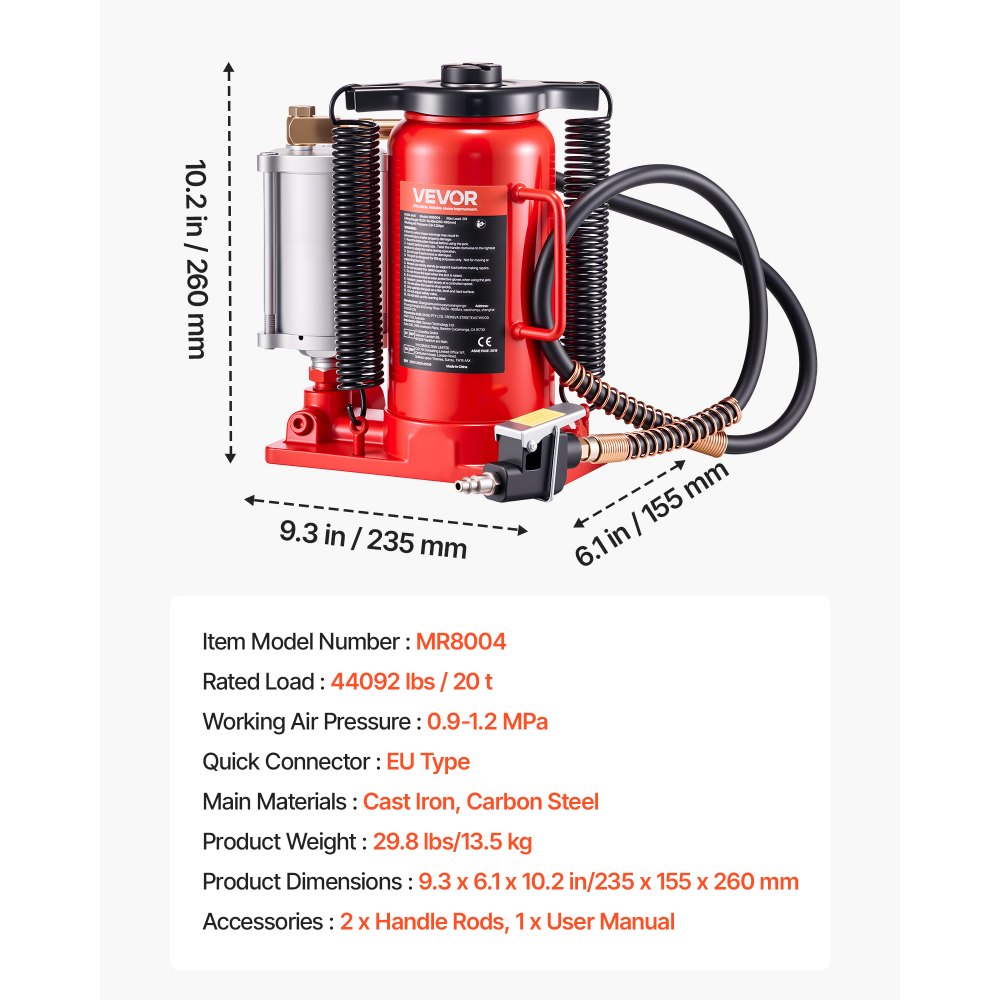 VEVOR Cric a Bottiglia Pneumatico Idraulico da 20 Tonnellate Intervallo di Sollevamento da 260 a 495 mm, Martinetto a Bottiglia Pneumatico Manuale con Pompa per Auto, Camion, SUV