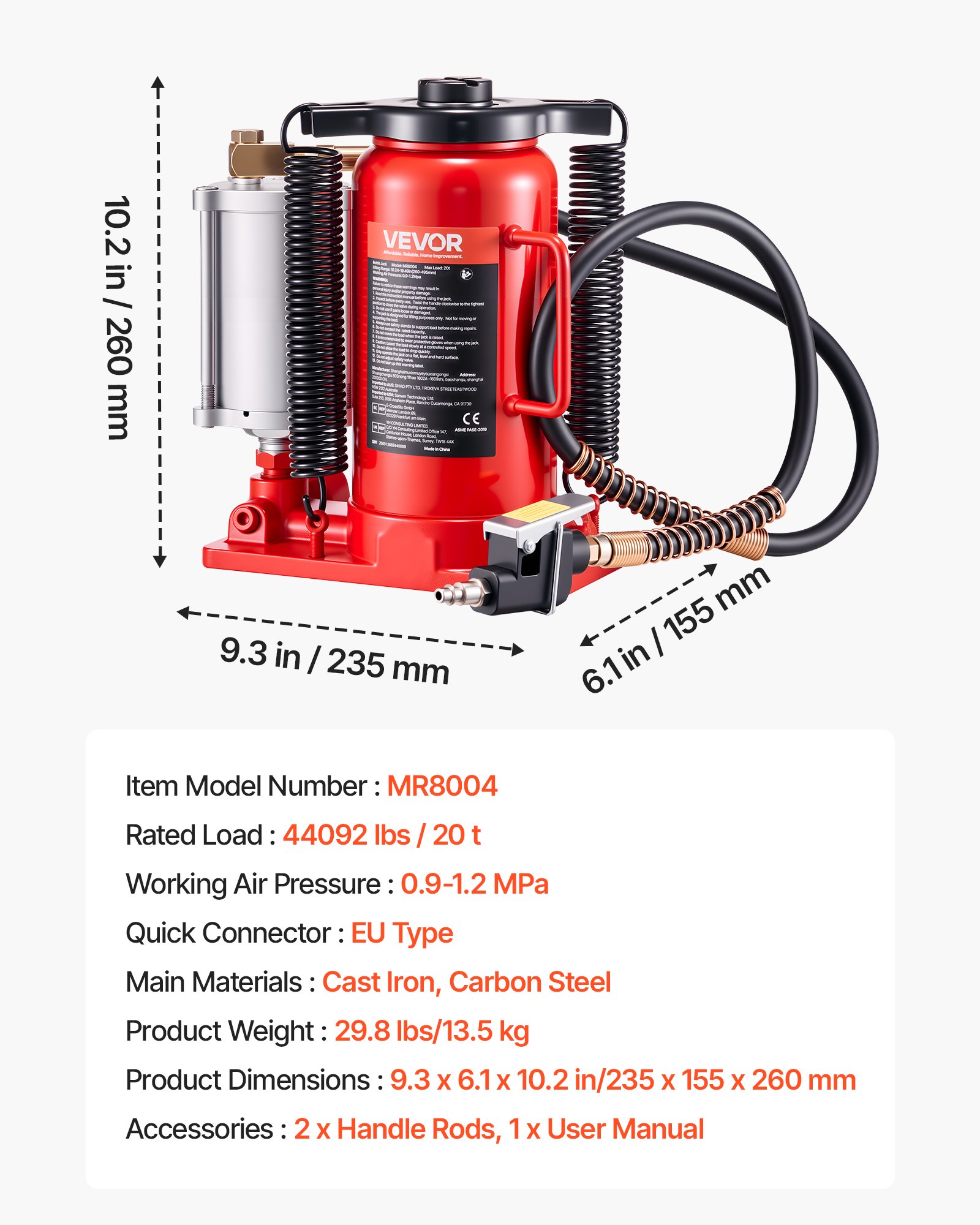 VEVOR Air Hydraulic Bottle Jack, 20 Ton Load Capacity, 260-495 mm Lifting Range, Pneumatic/Manual Heavy Duty Welded Bottle Jack with Pump for Car, Pickup, Truck, RV, SUV, Auto Repair, House Lift, Red