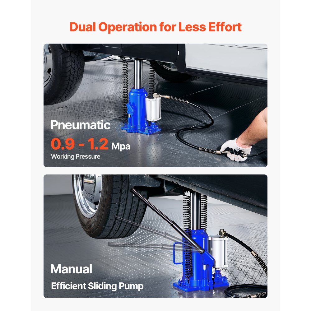 VEVOR Cric a Bottiglia Pneumatico Idraulico da 20 Tonnellate Intervallo di Sollevamento da 260 a 495 mm, Martinetto a Bottiglia Pneumatico Manuale con Pompa per Auto, Camion, SUV, Blu