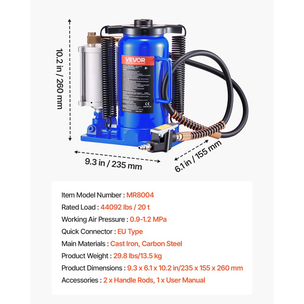 VEVOR Cric a Bottiglia Pneumatico Idraulico da 20 Tonnellate Intervallo di Sollevamento da 260 a 495 mm, Martinetto a Bottiglia Pneumatico Manuale con Pompa per Auto, Camion, SUV, Blu