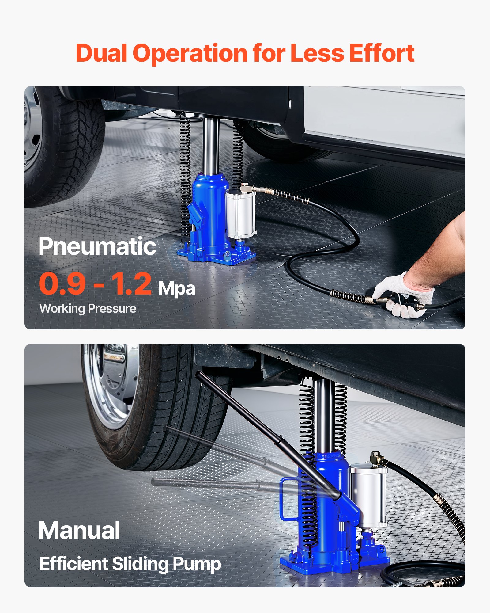VEVOR Cric a Bottiglia Pneumatico Idraulico da 20 Tonnellate Intervallo di Sollevamento da 260 a 495 mm, Martinetto a Bottiglia Pneumatico Manuale con Pompa per Auto, Camion, SUV, Blu