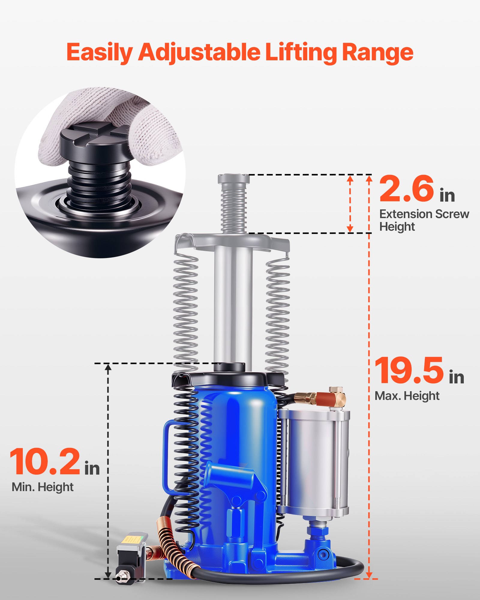 VEVOR Cric a Bottiglia Pneumatico Idraulico da 20 Tonnellate Intervallo di Sollevamento da 260 a 495 mm, Martinetto a Bottiglia Pneumatico Manuale con Pompa per Auto, Camion, SUV, Blu