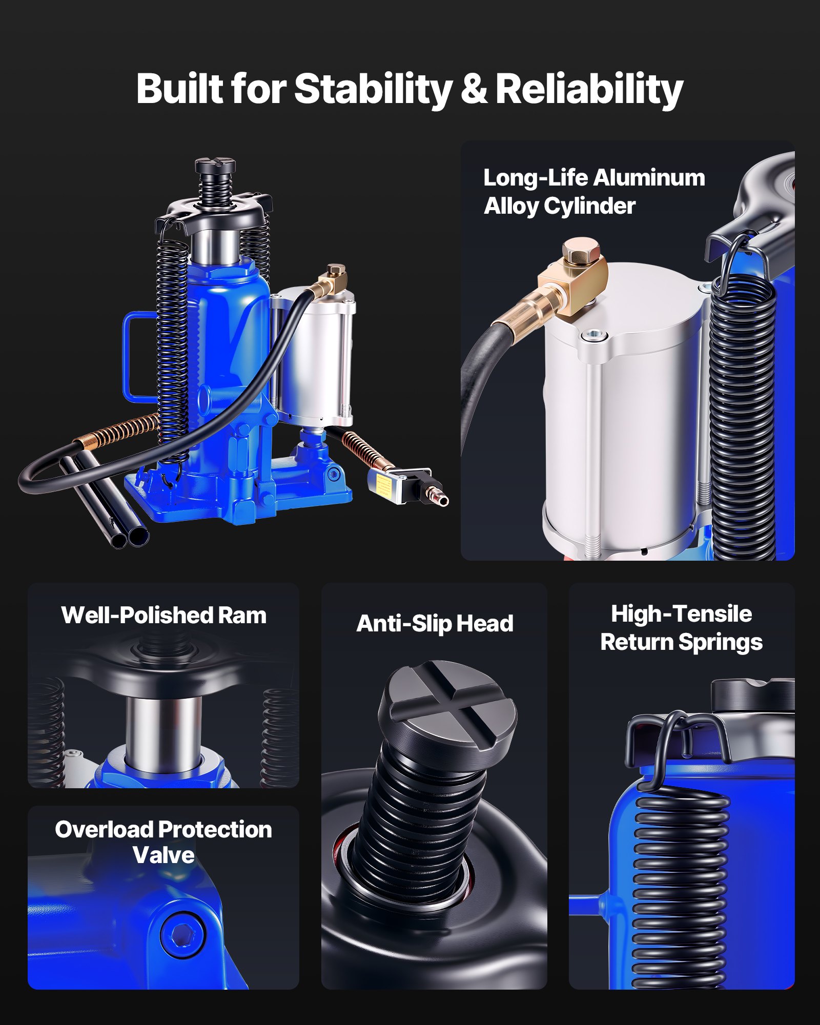 VEVOR Cric a Bottiglia Pneumatico Idraulico da 20 Tonnellate Intervallo di Sollevamento da 260 a 495 mm, Martinetto a Bottiglia Pneumatico Manuale con Pompa per Auto, Camion, SUV, Blu