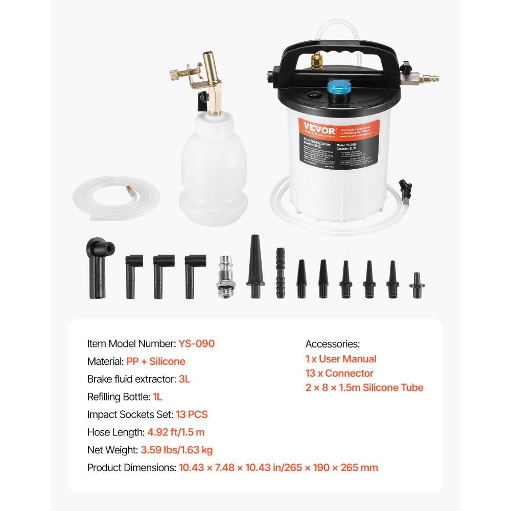VEVOR Kit Spurgo Freni, Tubo Flessibile in Silicone Esteso, Kit Completo di Spurgo Liquido Freni, Estrattore Liquido Freni 3 L con Flacone di Riempimento Sifone 1 L 13 Connettori per Tubi Flessibili