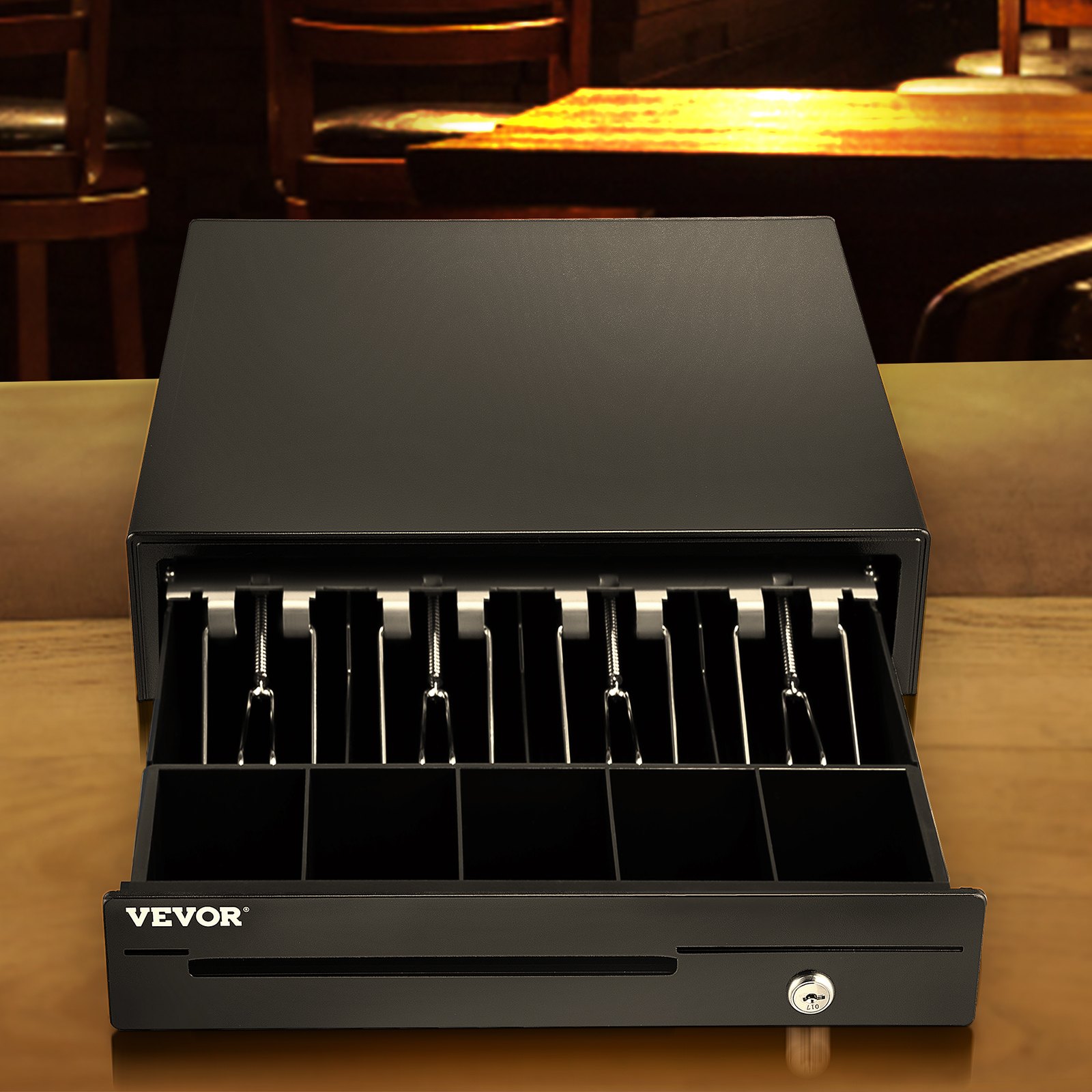 VEVOR Cassetto per Registratore di Cassa, Cassetto Portasoldi Apertura Automatico con 3 Metodi di Sblocco, Cassetta Portavalori con 4 Scomparti per Banconote e 5 per Monete, 33,6 x 36,8 x 8 cm (Nero)