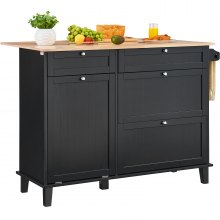 VEVOR Carrello da Cucina, Tavolo da Colazione in Legno 1280 mm con Mobiletto per la Spazzatura, Contenitore 37,85 L Tavolo da Pranzo in Stile Fattoria con Ribaltina, Portasciugamani, Cassetto, Nero