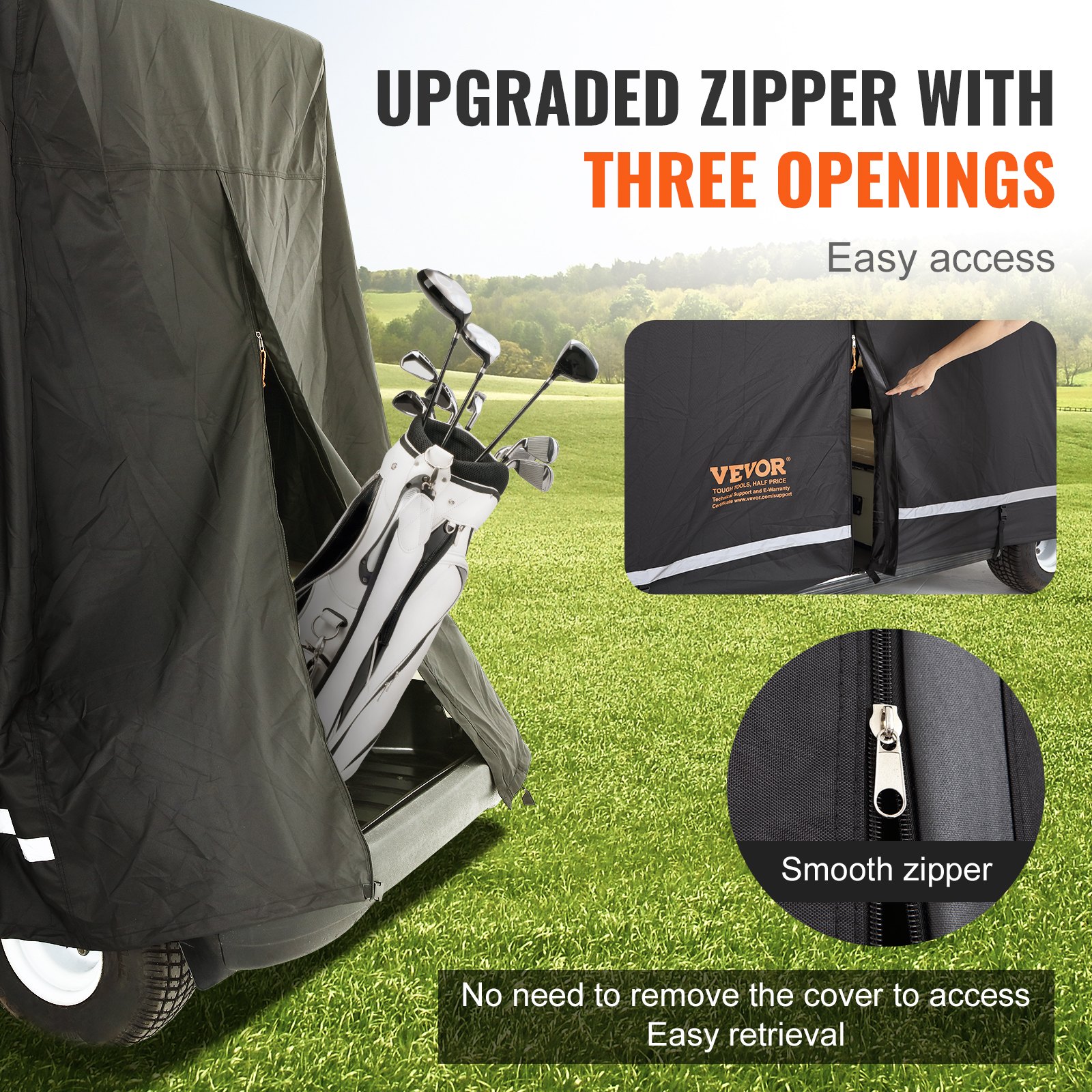VEVOR Golf Cart Rain Cover, Golf Cart Cover for 2+2 Seaters, 270 x 120 x 170 cm, 600D Waterproof, & Portable Storage Cover with Zipper, Black