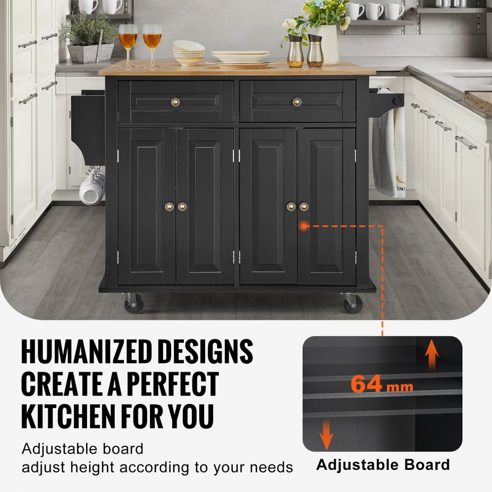 VEVOR Carrello da Cucina, Carrelli Mobili, Piano Ribaltabile in Legno 1100 mm con Mobiletto Portaoggetti, Tavolo con Rotelle, Porta Spezie e Asciugamani, Cassetto Ganci, Isole Portatili, Nero