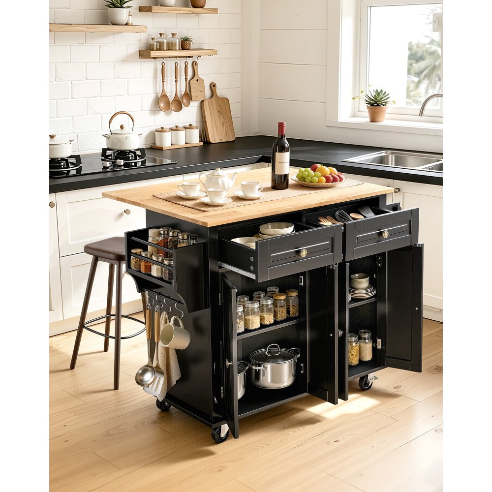 VEVOR Carrello da Cucina, Carrelli Mobili, Piano Ribaltabile in Legno 1100 mm con Mobiletto Portaoggetti, Tavolo con Rotelle, Porta Spezie e Asciugamani, Cassetto Ganci, Isole Portatili, Nero