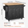 VEVOR Carrello da Cucina, Carrelli Mobili, Piano Ribaltabile in Legno 1100 mm con Mobiletto Portaoggetti, Tavolo con Rotelle, Porta Spezie e Asciugamani, Cassetto Ganci, Isole Portatili, Nero