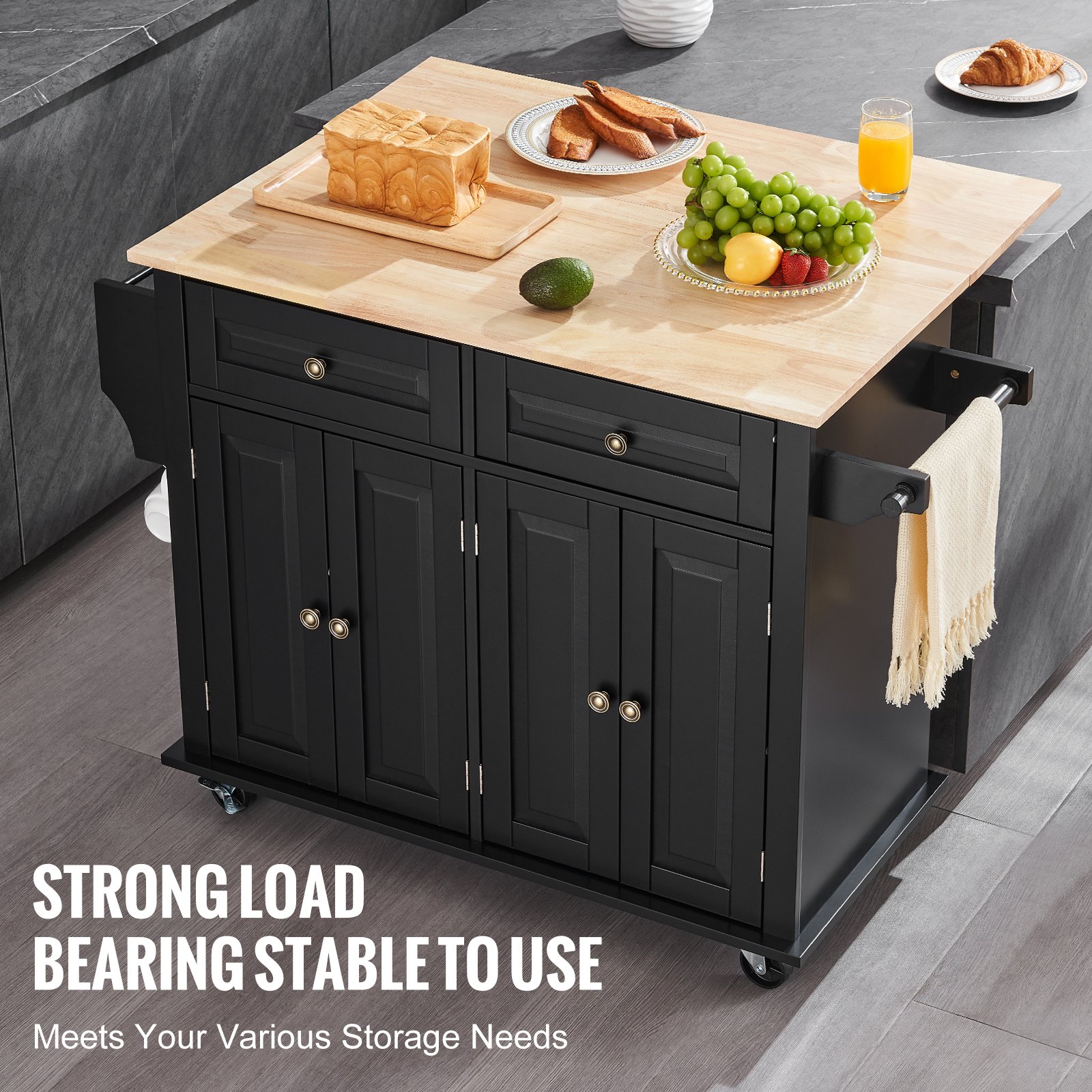 VEVOR Carrello da Cucina, Carrelli Mobili, Piano Ribaltabile in Legno 1100 mm con Mobiletto Portaoggetti, Tavolo con Rotelle, Porta Spezie e Asciugamani, Cassetto Ganci, Isole Portatili, Nero