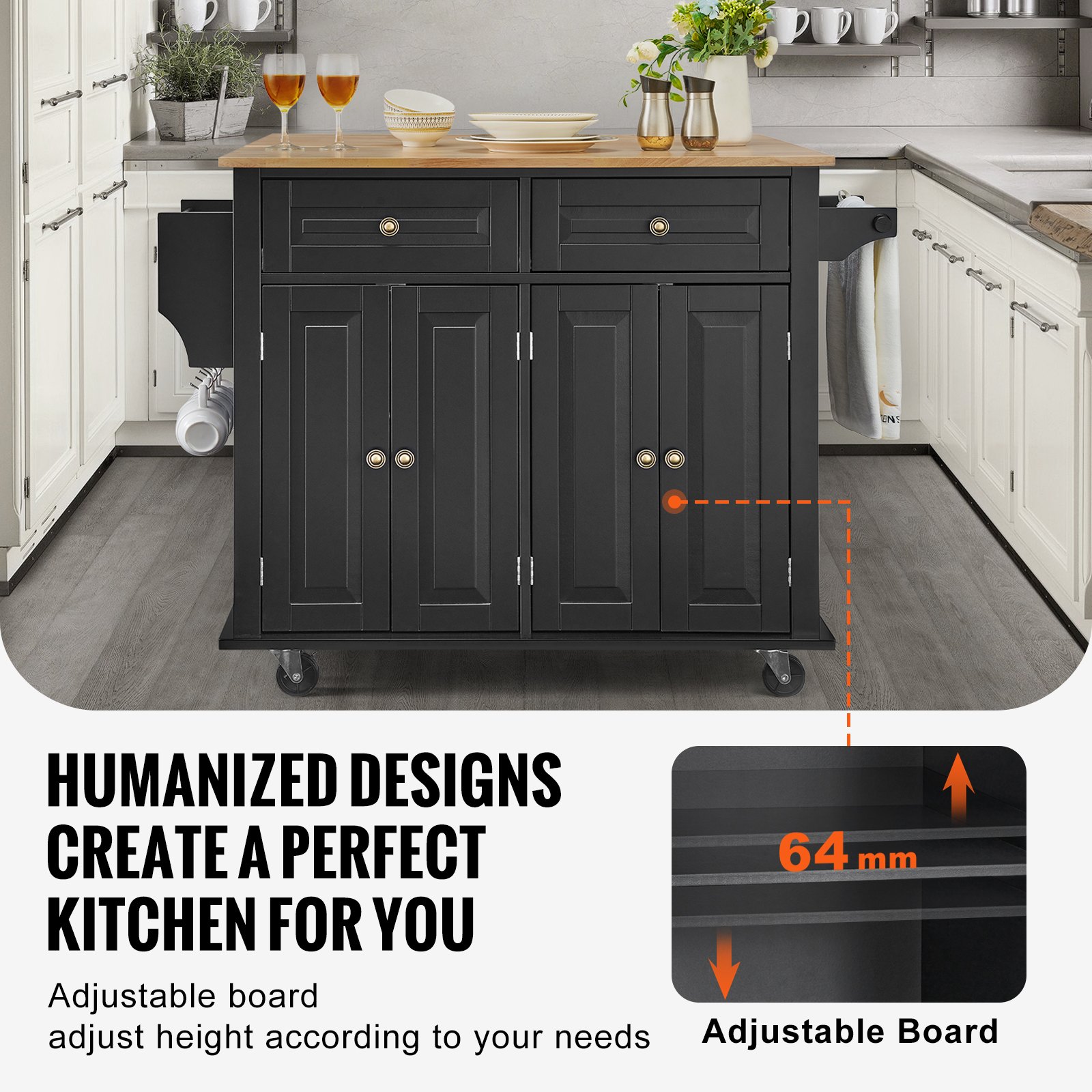 VEVOR Carrello da Cucina, Carrelli Mobili, Piano Ribaltabile in Legno 1100 mm con Mobiletto Portaoggetti, Tavolo con Rotelle, Porta Spezie e Asciugamani, Cassetto Ganci, Isole Portatili, Nero