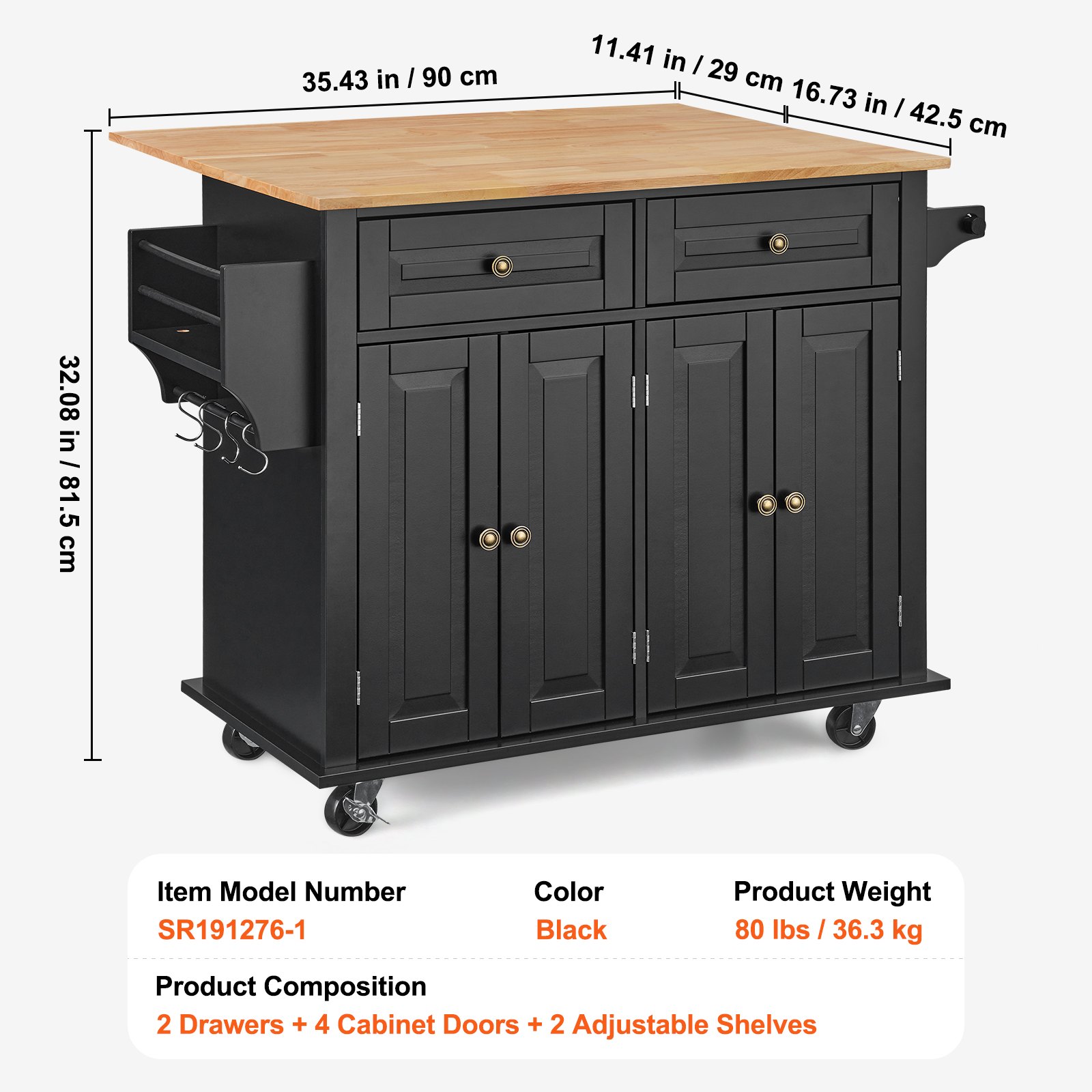 VEVOR Carrello da Cucina, Carrelli Mobili, Piano Ribaltabile in Legno 1100 mm con Mobiletto Portaoggetti, Tavolo con Rotelle, Porta Spezie e Asciugamani, Cassetto Ganci, Isole Portatili, Nero