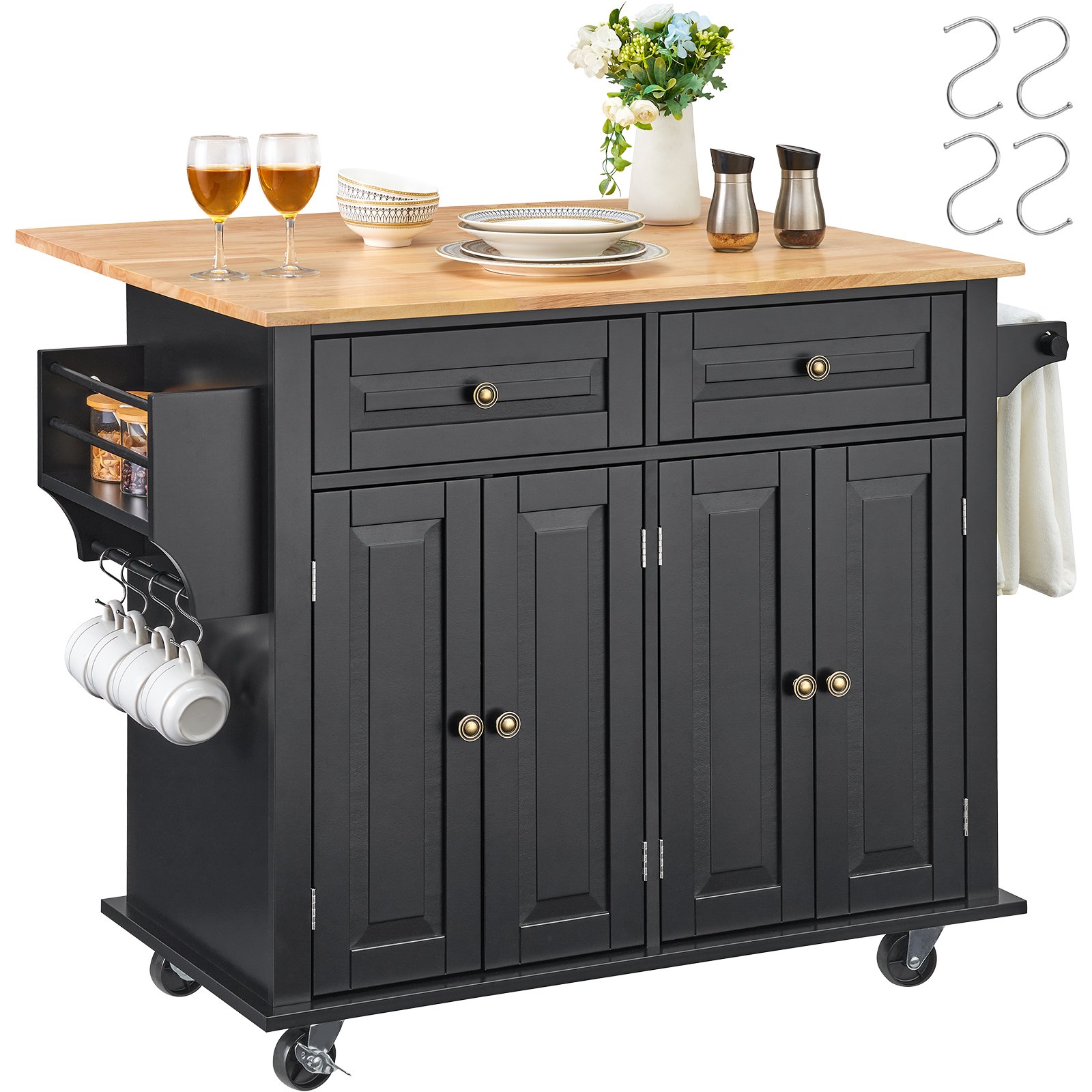 VEVOR Carrello da Cucina, Carrelli Mobili, Piano Ribaltabile in Legno 1100 mm con Mobiletto Portaoggetti, Tavolo con Rotelle, Porta Spezie e Asciugamani, Cassetto Ganci, Isole Portatili, Nero